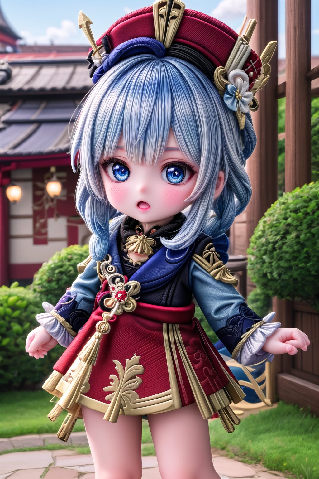 1girl, solo_female, Cutest baby (full body view of Furina_Genshin), furina \(genshin impact\),cheeky and sweet, blue eyes, white hair, light blue hair, multicolored hair, blue hair, blue headwear, outdoor, HDR, 32k UHD, insane detailed, blurry_background, pretty face, baby body, Furina Style, beautiful baby,  ,Cutest baby ,Baby portrait,