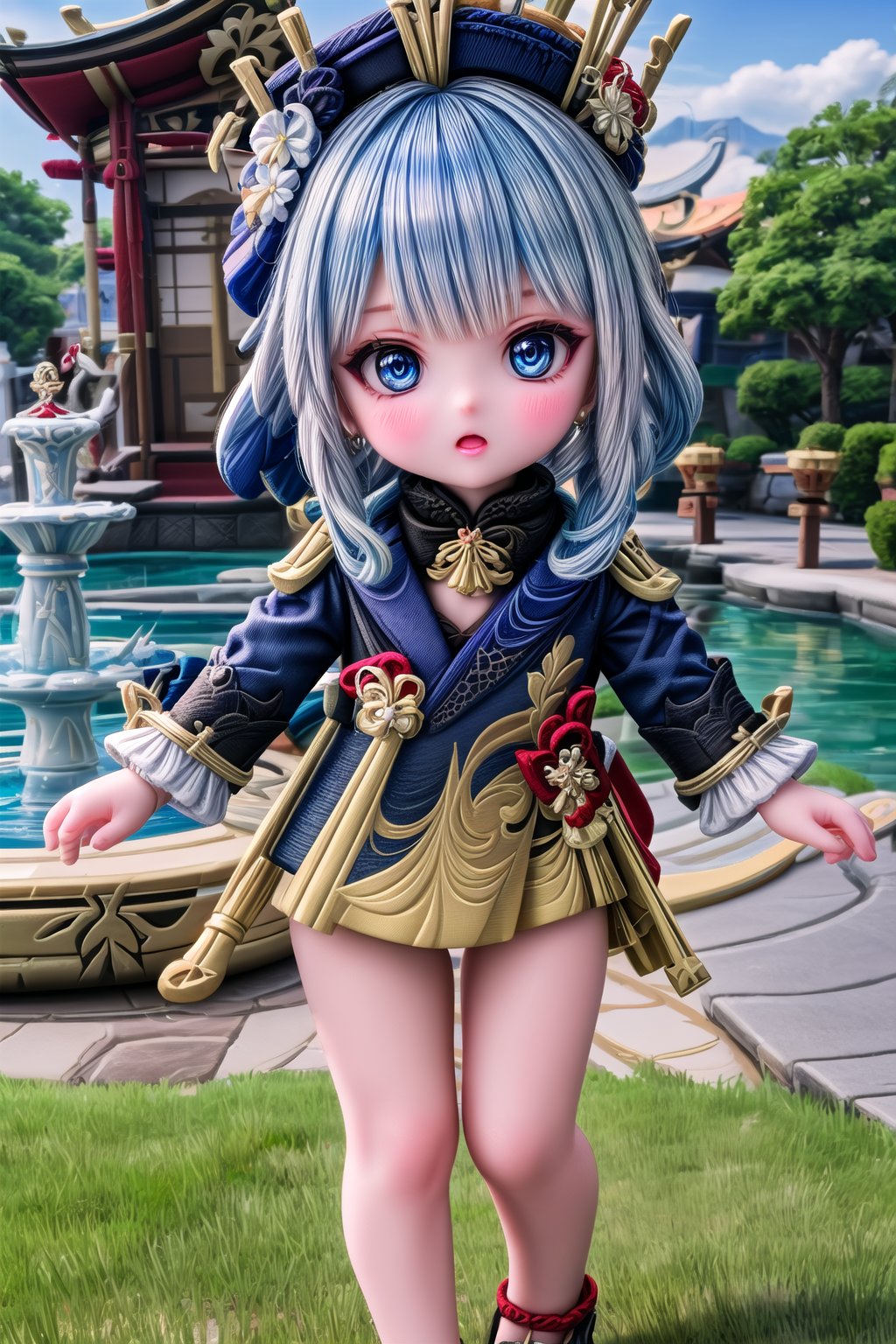 1girl, solo_female, Cutest baby (full body view of Furina_Genshin), furina \(genshin impact\),cheeky and sweet, blue eyes, white hair, light blue hair, multicolored hair, blue hair, blue headwear, outdoor, HDR, 32k UHD, insane detailed, blurry_background, pretty face, baby body, Furina Style, beautiful baby,  ,Cutest baby ,Baby portrait, stands in Fontaine \(genshin impact\),