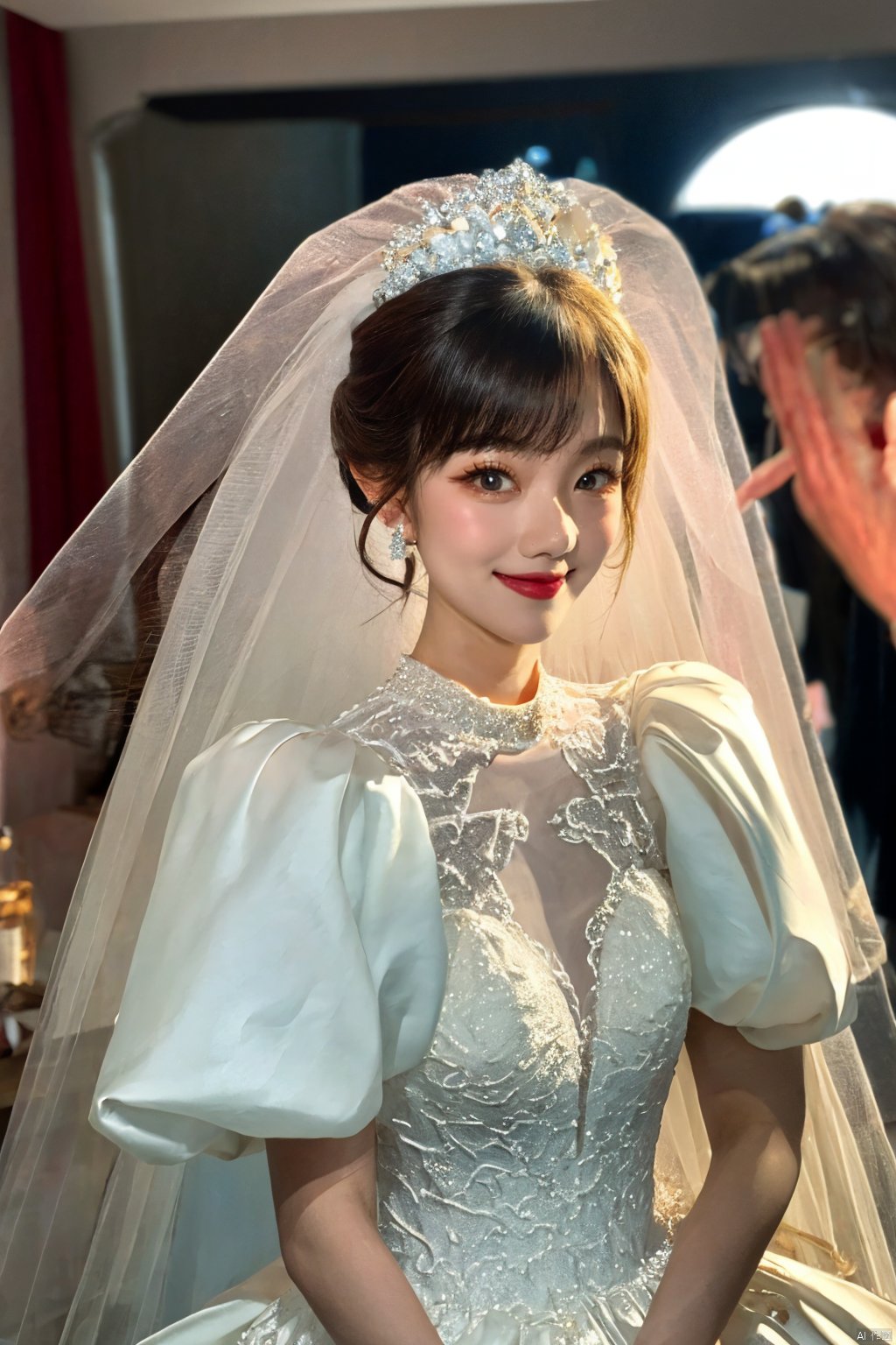  Ultra-clear 8k, real, night, smile, crown, necklace, perspective, hanger, nudity, diamonds, bridal veil, Golden wedding dress, 1 girl, ,wedding dress,MATURE FEMALE,1girl,moyou,depth of field, Asian girl