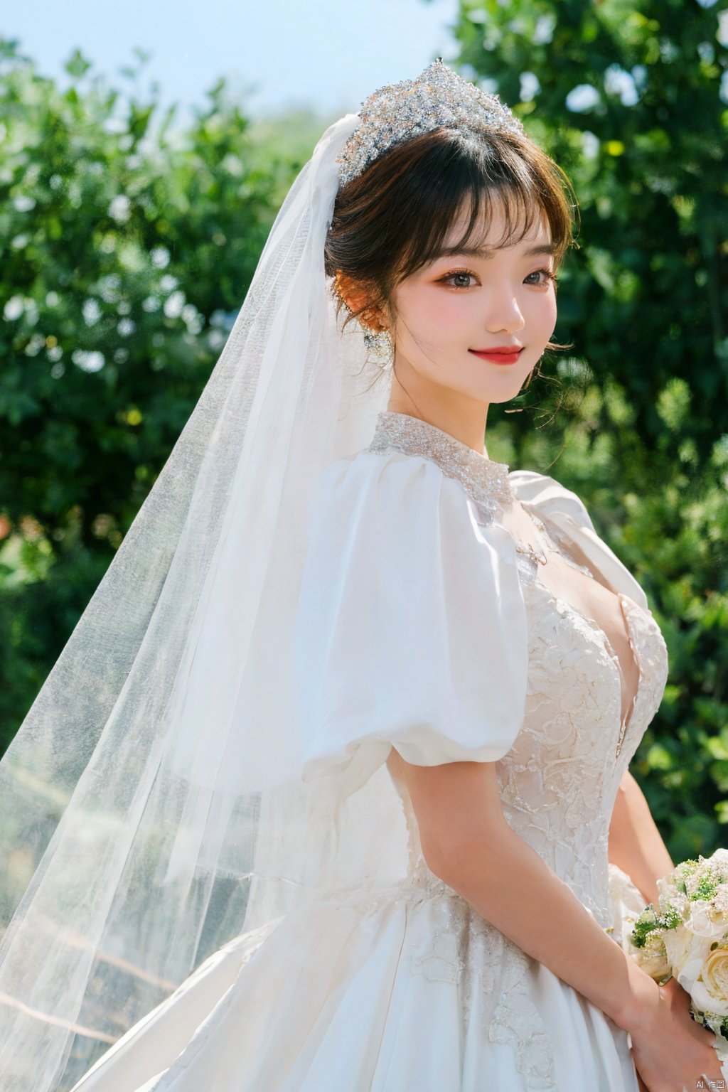  Ultra-clear 8k, real, night, smile, crown, necklace, perspective, hanger, nudity, diamonds, bridal veil, Golden wedding dress, 1 girl, ,wedding dress,MATURE FEMALE,1girl,moyou,depth of field, Asian girl