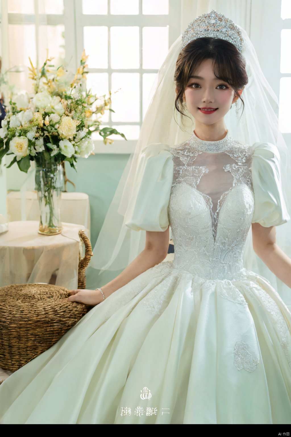  Ultra-clear 8k, real, night, smile, crown, necklace, perspective, hanger, nudity, diamonds, bridal veil, Golden wedding dress, 1 girl, ,wedding dress,MATURE FEMALE,1girl,moyou,depth of field, Asian girl