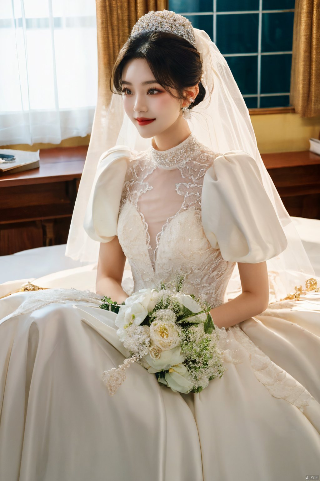  Ultra-clear 8k, real, night, smile, crown, necklace, perspective, hanger, nudity, diamonds, bridal veil, Golden wedding dress, 1 girl, ,wedding dress,MATURE FEMALE,1girl,moyou,depth of field, Asian girl