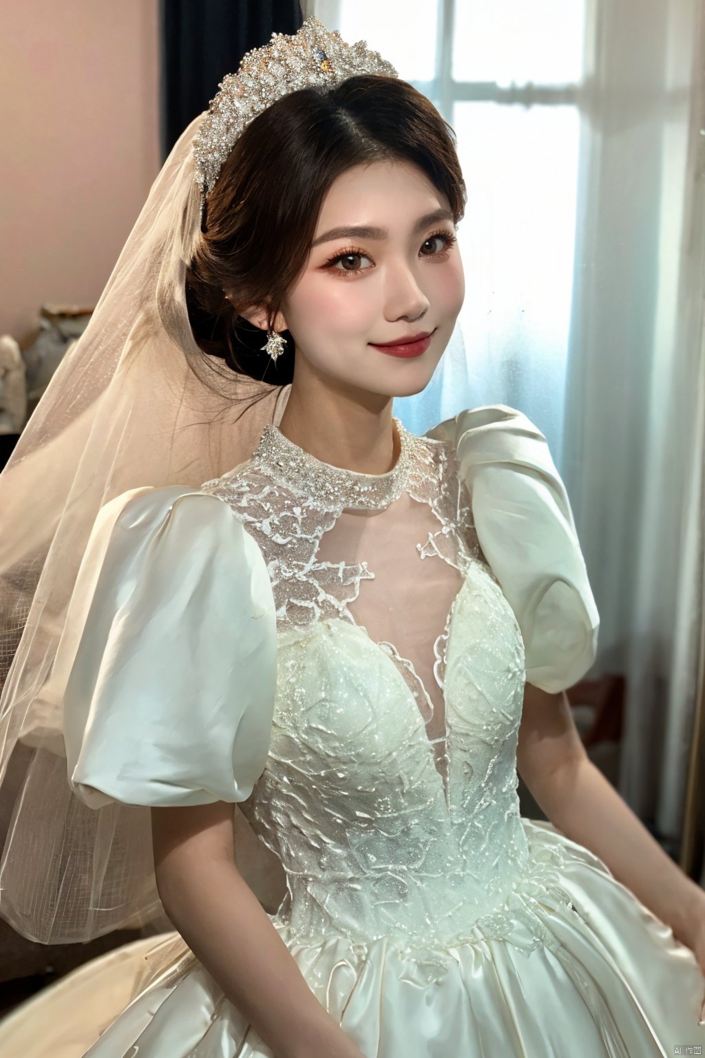  Ultra-clear 8k, real, night, smile, crown, necklace, perspective, hanger, nudity, diamonds, bridal veil, Golden wedding dress, 1 girl, ,wedding dress,MATURE FEMALE,1girl,moyou,depth of field, Asian girl