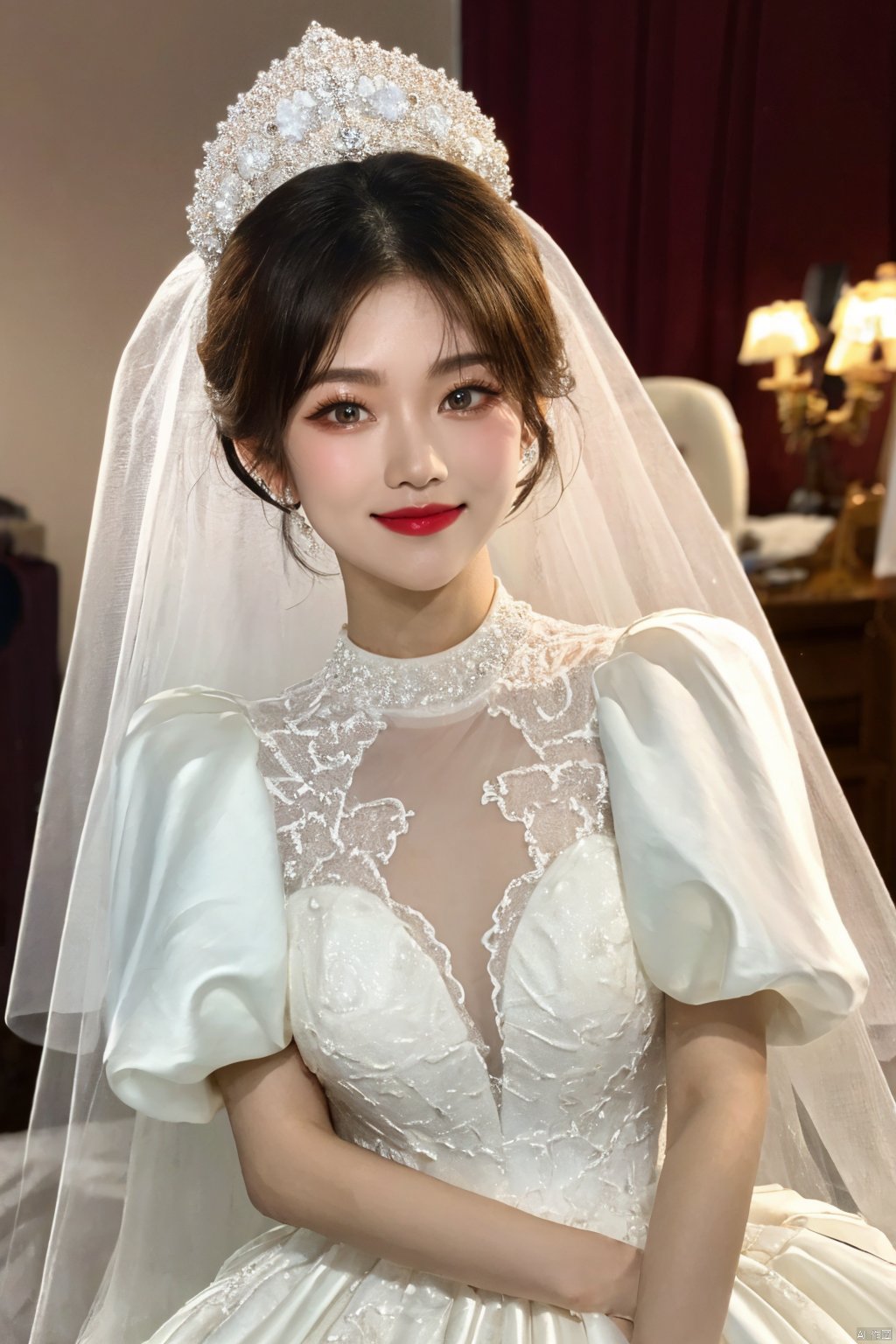  Ultra-clear 8k, real, night, smile, crown, necklace, perspective, hanger, nudity, diamonds, bridal veil, Golden wedding dress, 1 girl, ,wedding dress,MATURE FEMALE,1girl,moyou,depth of field, Asian girl