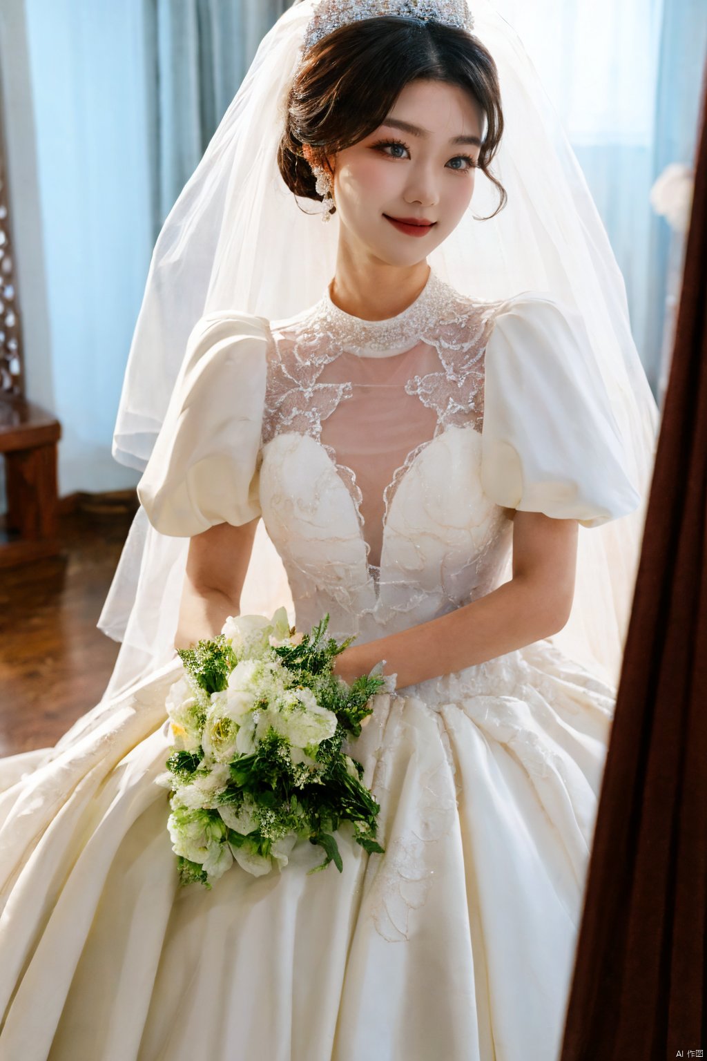  Ultra-clear 8k, real, night, smile, crown, necklace, perspective, hanger, nudity, diamonds, bridal veil, Golden wedding dress, 1 girl, ,wedding dress,MATURE FEMALE,1girl,moyou,depth of field, Asian girl