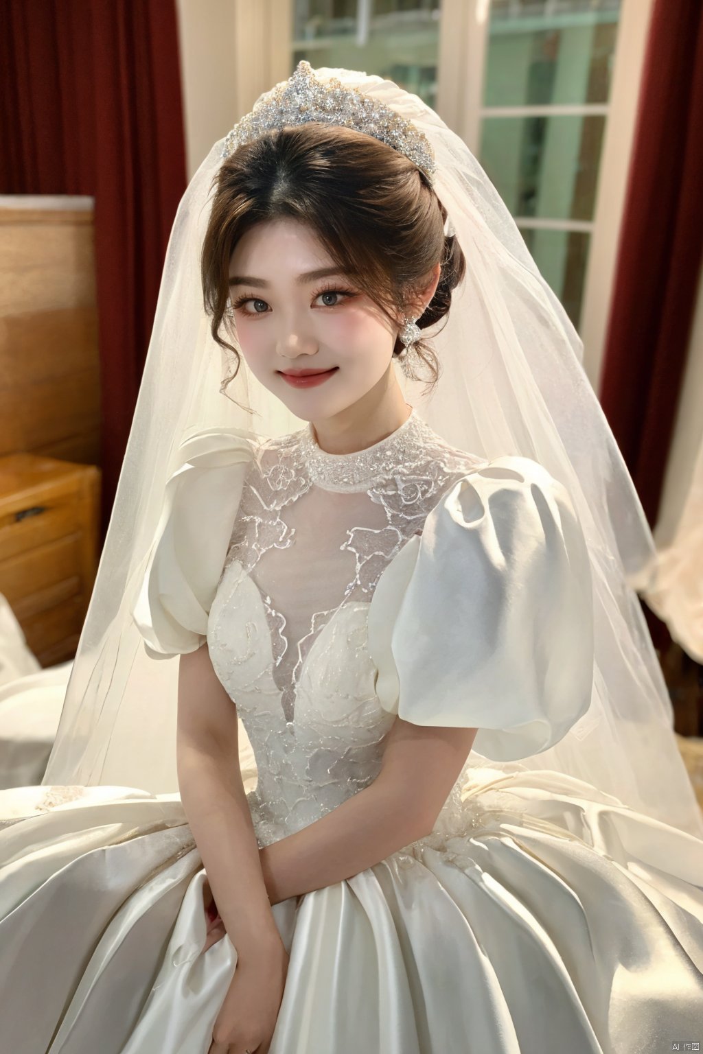  Ultra-clear 8k, real, night, smile, crown, necklace, perspective, hanger, nudity, diamonds, bridal veil, Golden wedding dress, 1 girl, ,wedding dress,MATURE FEMALE,1girl,moyou,depth of field, Asian girl