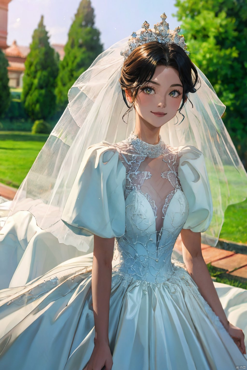  Ultra-clear 8k, real, night, smile, crown, necklace, perspective, hanger, nudity, diamonds, bridal veil, Golden wedding dress, 1 girl, ,wedding dress,MATURE FEMALE,1girl,moyou,depth of field, Asian girl