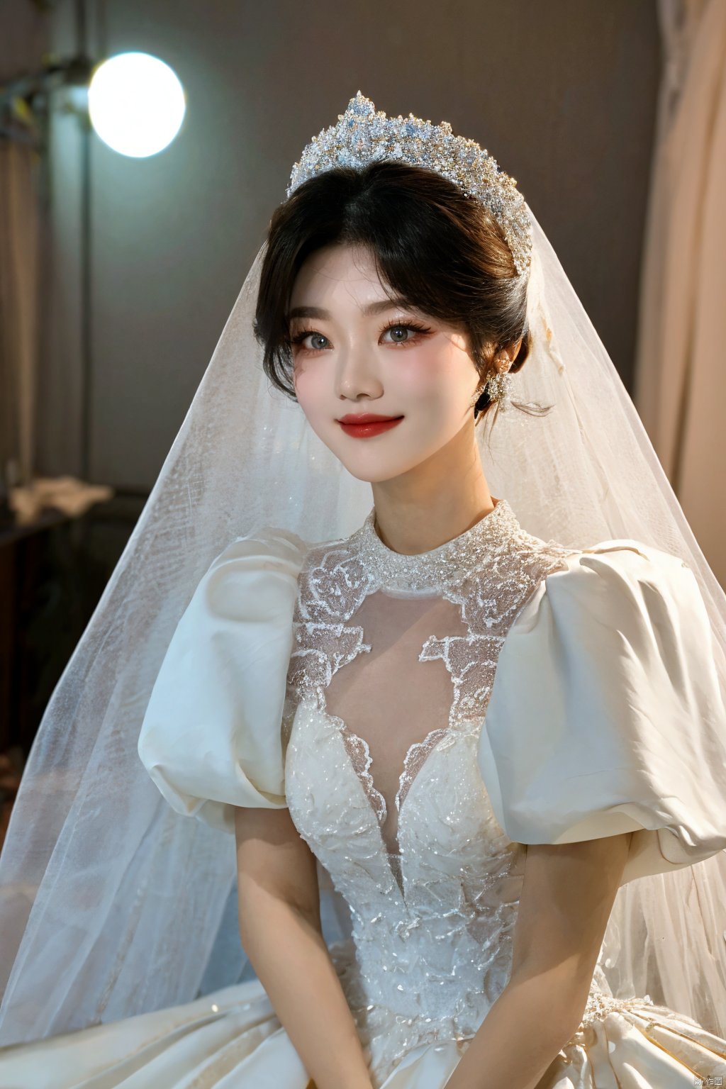  Ultra-clear 8k, real, night, smile, crown, necklace, perspective, hanger, nudity, diamonds, bridal veil, Golden wedding dress, 1 girl, ,wedding dress,MATURE FEMALE,1girl,moyou,depth of field, Asian girl