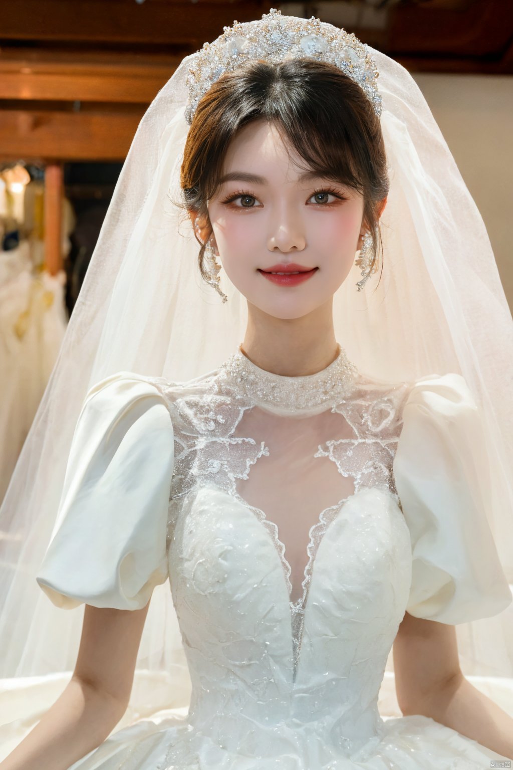  Ultra-clear 8k, real, night, smile, crown, necklace, perspective, hanger, nudity, diamonds, bridal veil, Golden wedding dress, 1 girl, ,wedding dress,MATURE FEMALE,1girl,moyou,depth of field, Asian girl