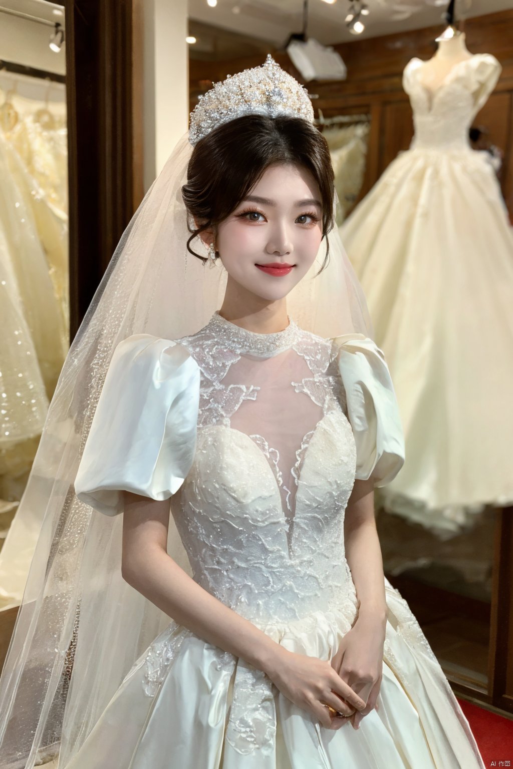  Ultra-clear 8k, real, night, smile, crown, necklace, perspective, hanger, nudity, diamonds, bridal veil, Golden wedding dress, 1 girl, ,wedding dress,MATURE FEMALE,1girl,moyou,depth of field, Asian girl