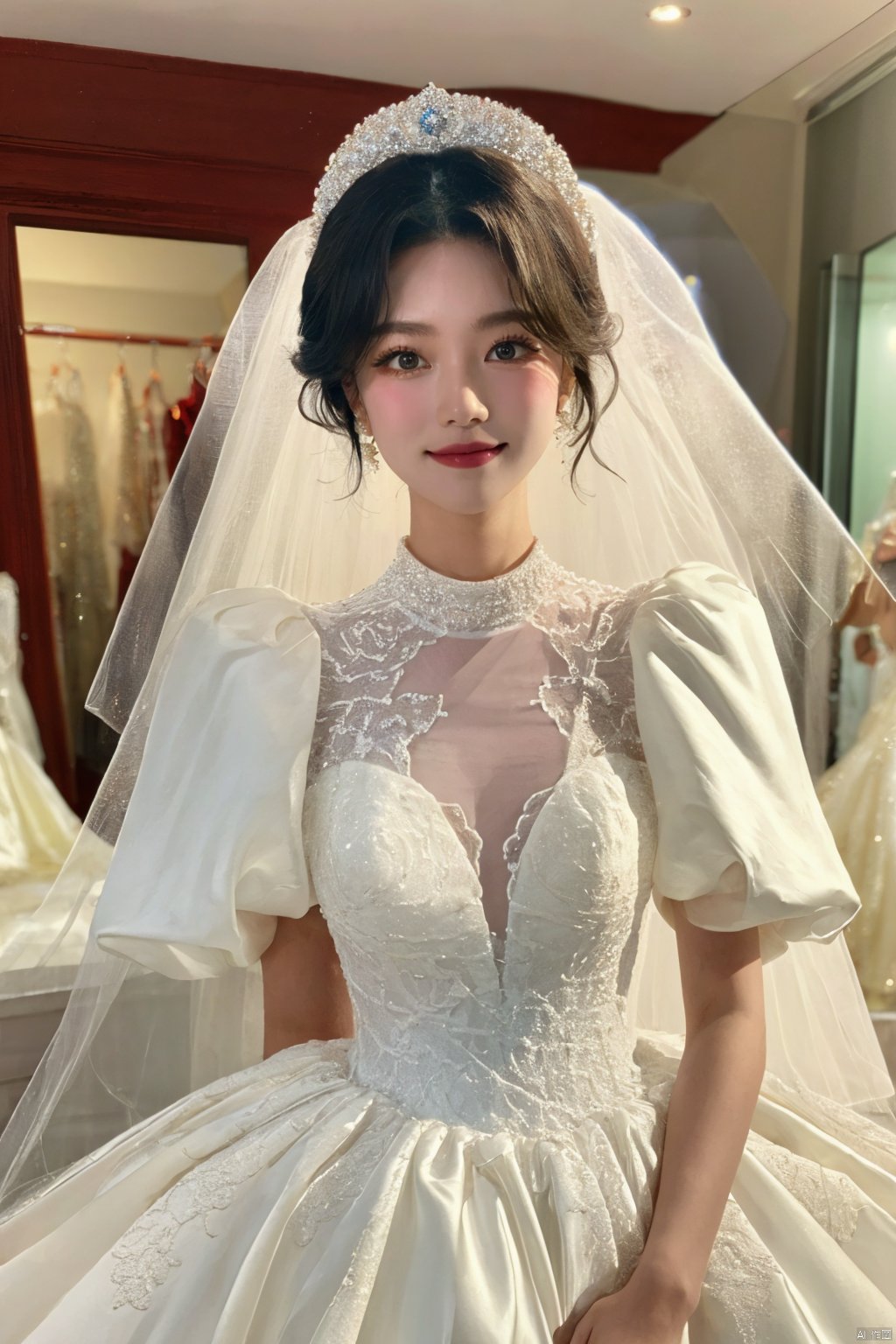  Ultra-clear 8k, real, night, smile, crown, necklace, perspective, hanger, nudity, diamonds, bridal veil, Golden wedding dress, 1 girl, ,wedding dress,MATURE FEMALE,1girl,moyou,depth of field, Asian girl