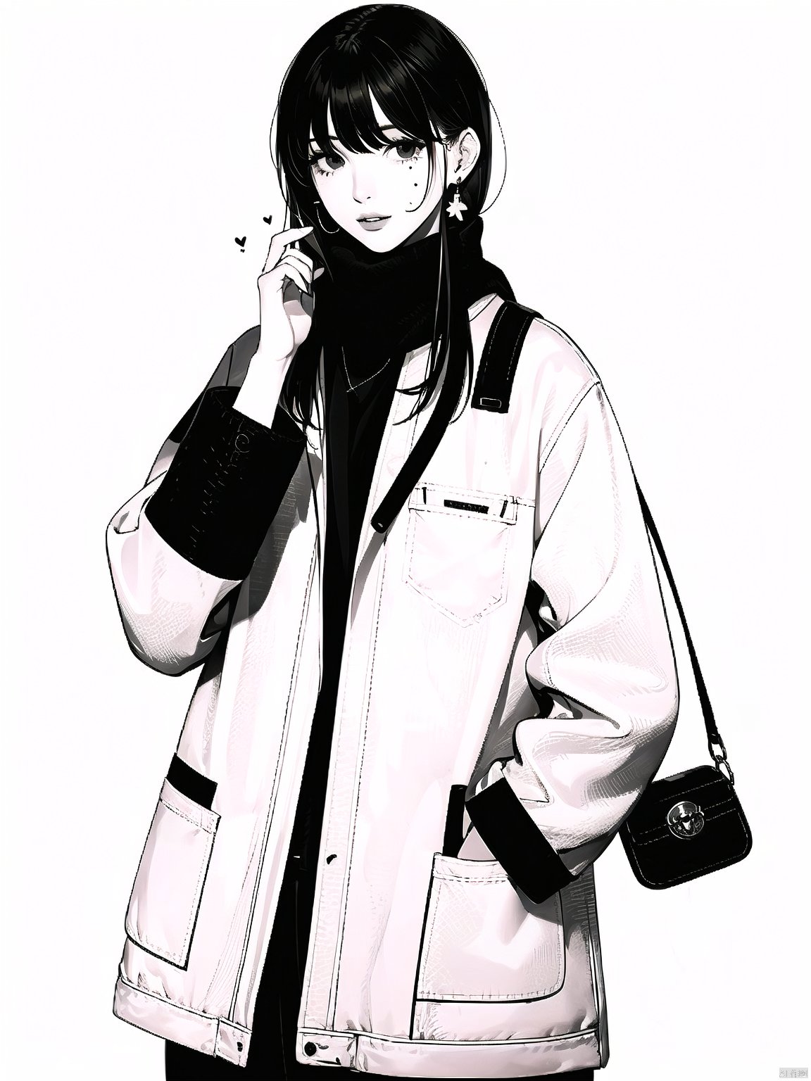 1girl, solo, long hair, looking at viewer, long sleeves, white background, jacket, parted lips, hand up, bag, scarf, mole, coat, mole under eye, hand in pocket, earphones, earbuds