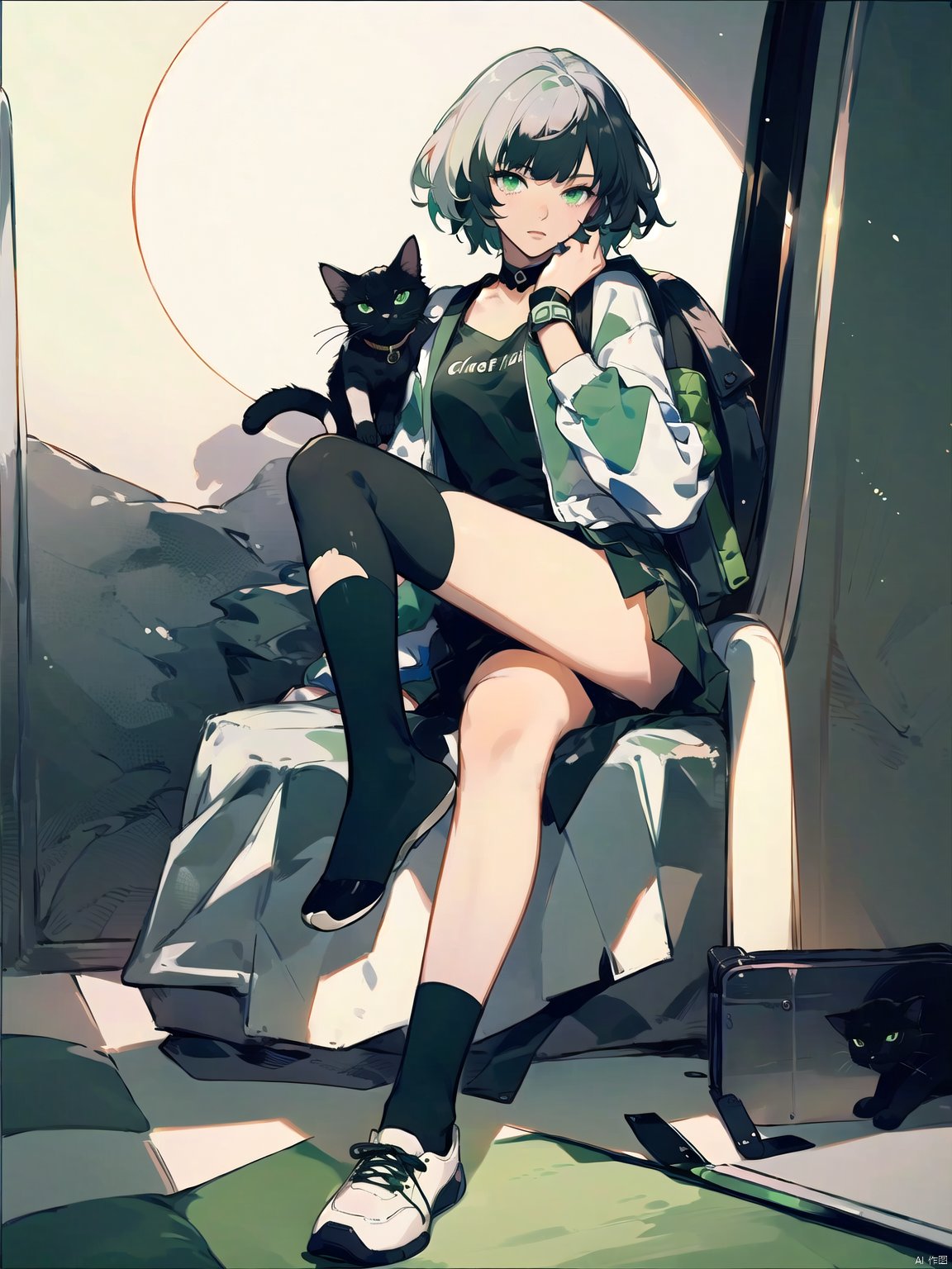  1girl, cat, green eyes, black cat, shoes, white hair, backpack, socks, looking at viewer, jacket, solo, sitting, sneakers, bag, bangs, green jacket, medium hair, animal, green theme, crossed legs, green socks, shirt