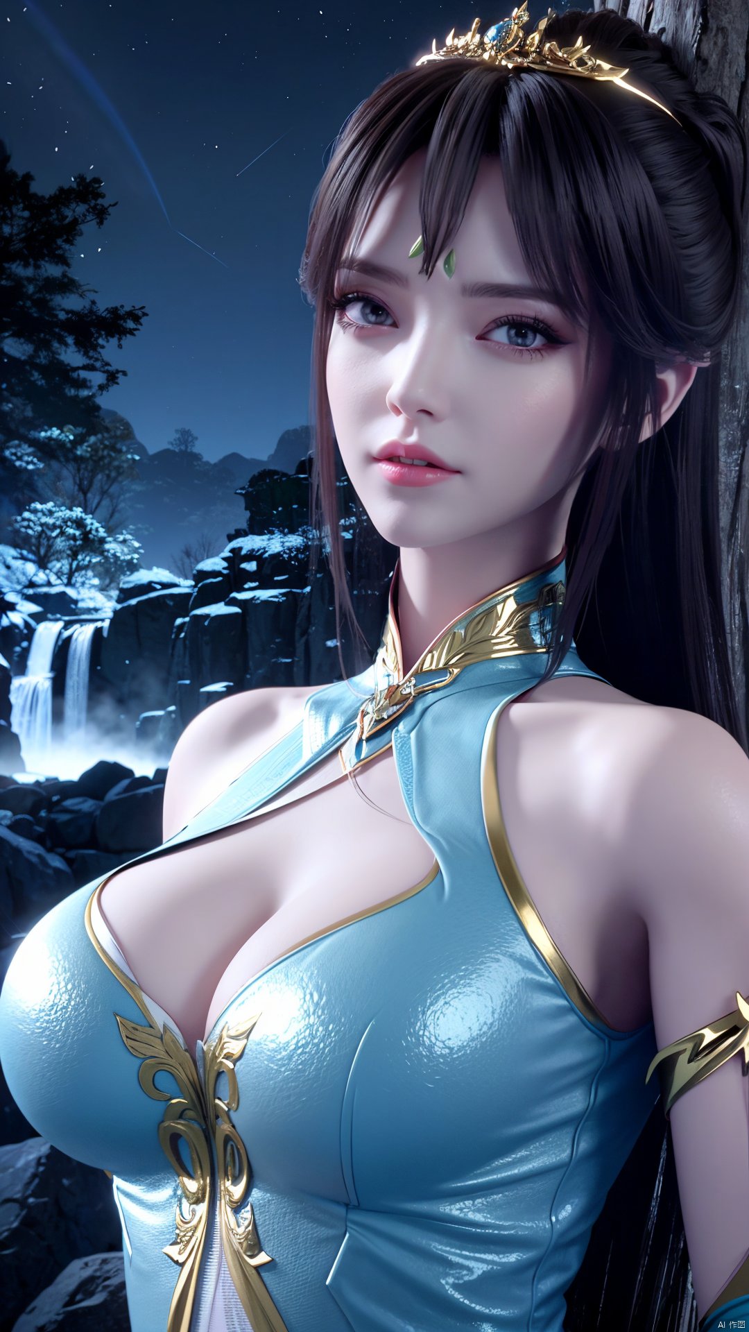 masterpiece,best quality,official art,extremely detailed CG unity 8k wallpaper,1girl, upper body, purple hair, light rays, light particles, waterfall, tree, clover,,(big breasts:1.39),  ,Xfengqinger,Xxiyouqin,Xliushen,X-Hydrangea,Hydrangea,full moon