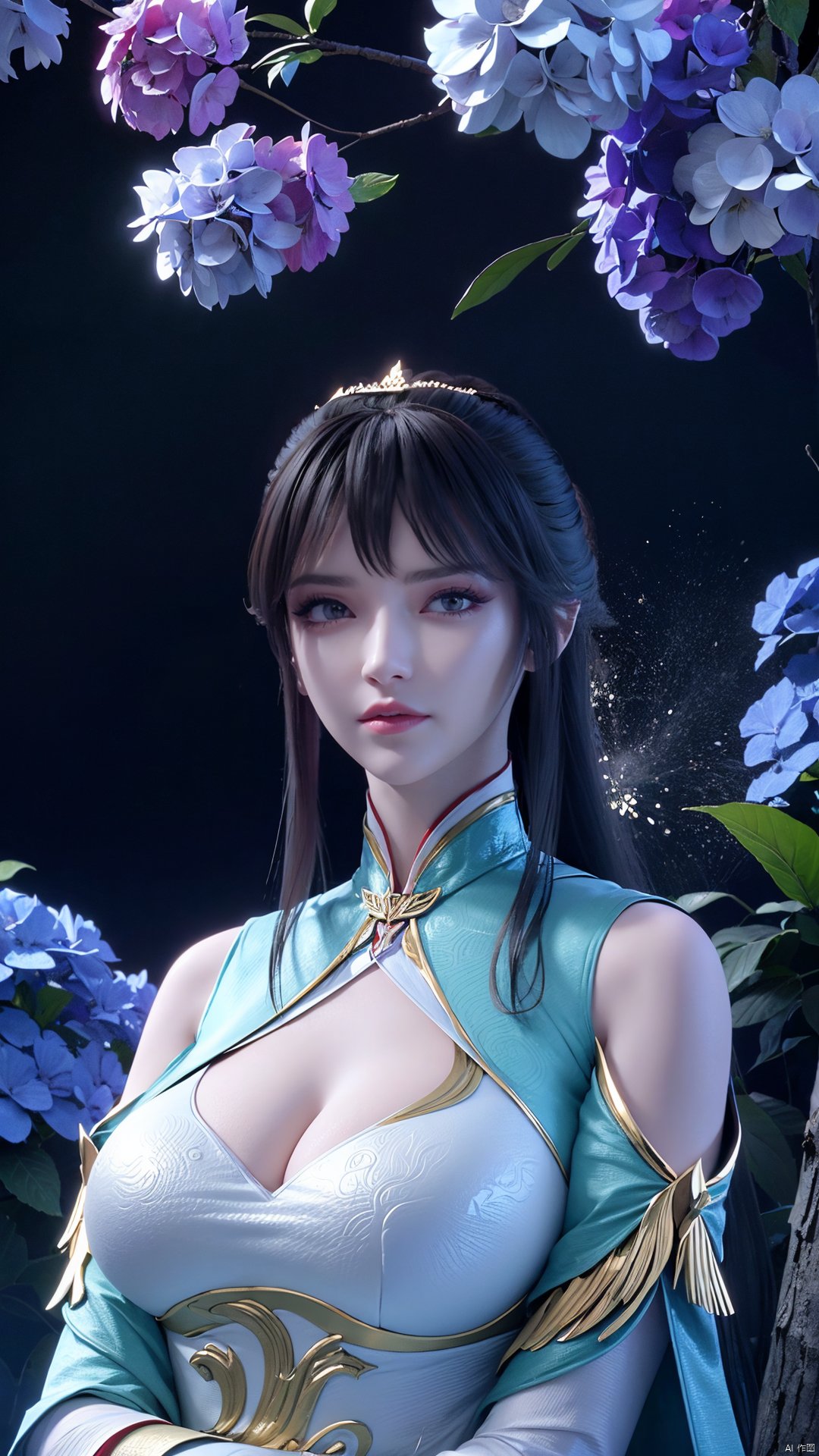 masterpiece,best quality,official art,extremely detailed CG unity 8k wallpaper,1girl, upper body, purple hair, light rays, light particles, waterfall, tree, clover,,(big breasts:1.39),  ,Xfengqinger,Xxiyouqin,Xliushen,X-Hydrangea,Hydrangea,full moon