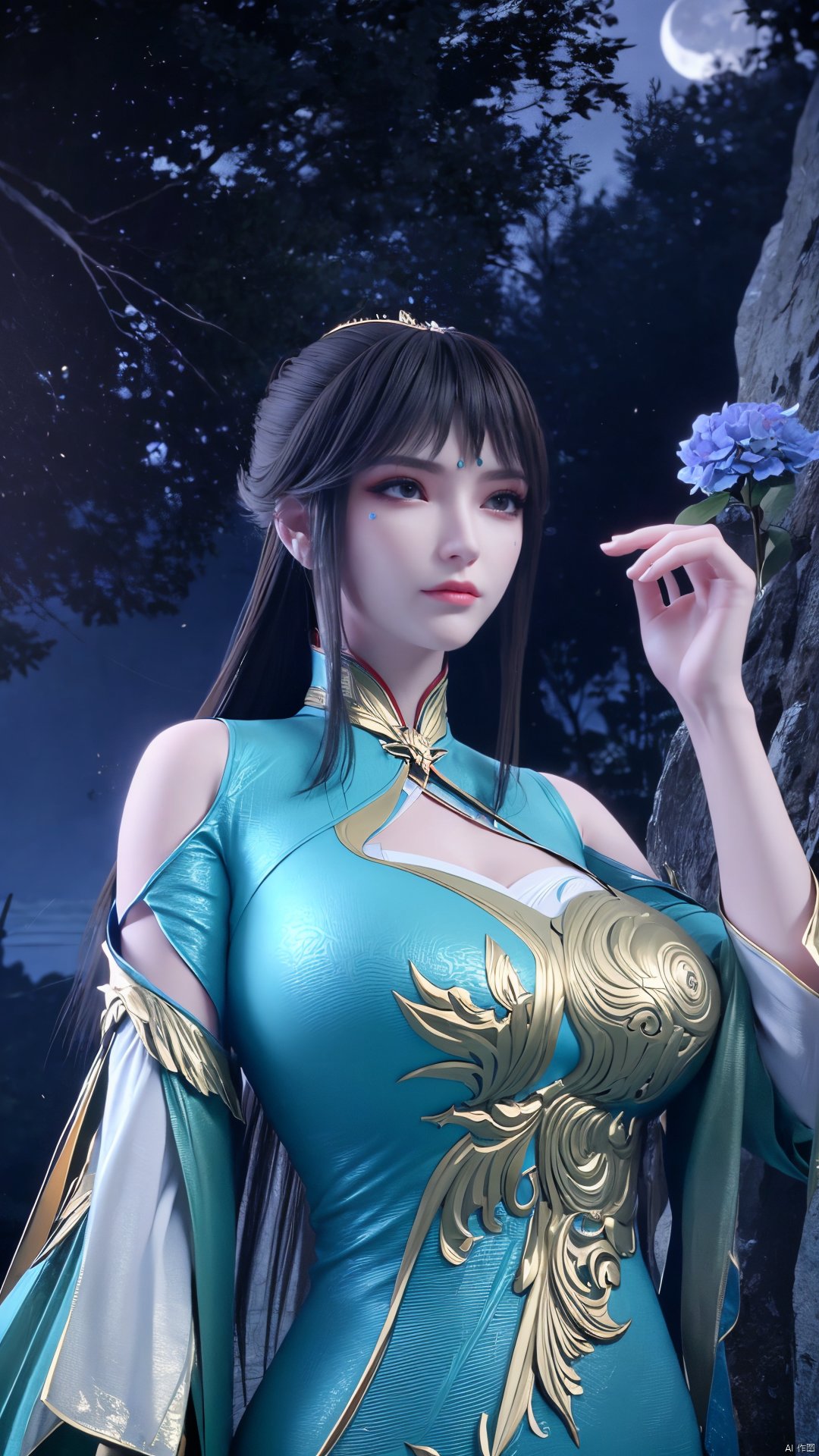 masterpiece,best quality,official art,extremely detailed CG unity 8k wallpaper,1girl, upper body, light rays, light particles, waterfall, tree, clover,,(big breasts:1.39),  ,Xfengqinger,Xxiyouqin,Xliushen,X-Hydrangea,Hydrangea,(full moon:1.23)