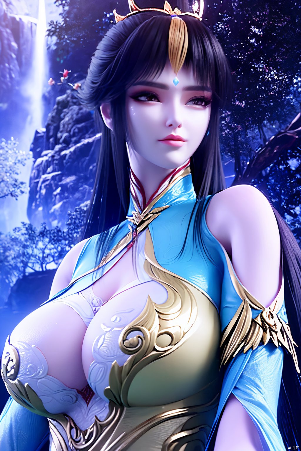 masterpiece,best quality,official art,extremely detailed CG unity 8k wallpaper,1girl, upper body, purple hair, light rays, light particles, waterfall, tree, clover,Xfengqinger,(big breasts:1.59),Xxiyouqin,ziling_xianzi,Xliushen, Yunxiao_Fairy