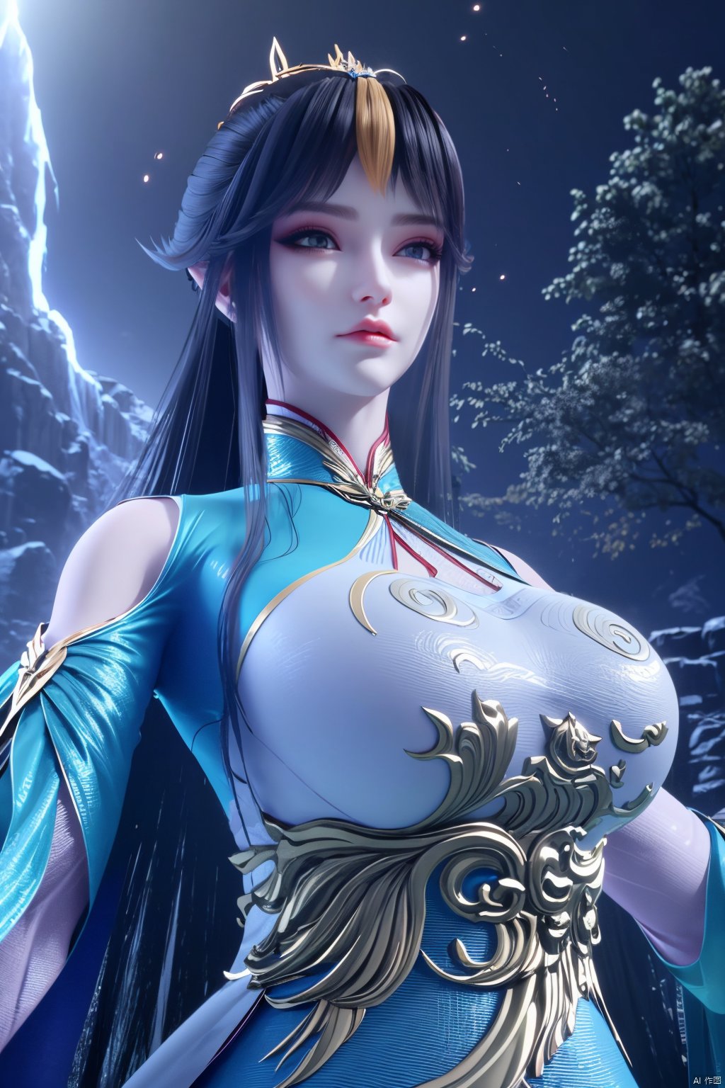 masterpiece,best quality,official art,extremely detailed CG unity 8k wallpaper,1girl, upper body, purple hair, light rays, light particles, waterfall, tree, clover,Xfengqinger,(big breasts:1.59),Xxiyouqin,ziling_xianzi,Xliushen, Yunxiao_Fairy