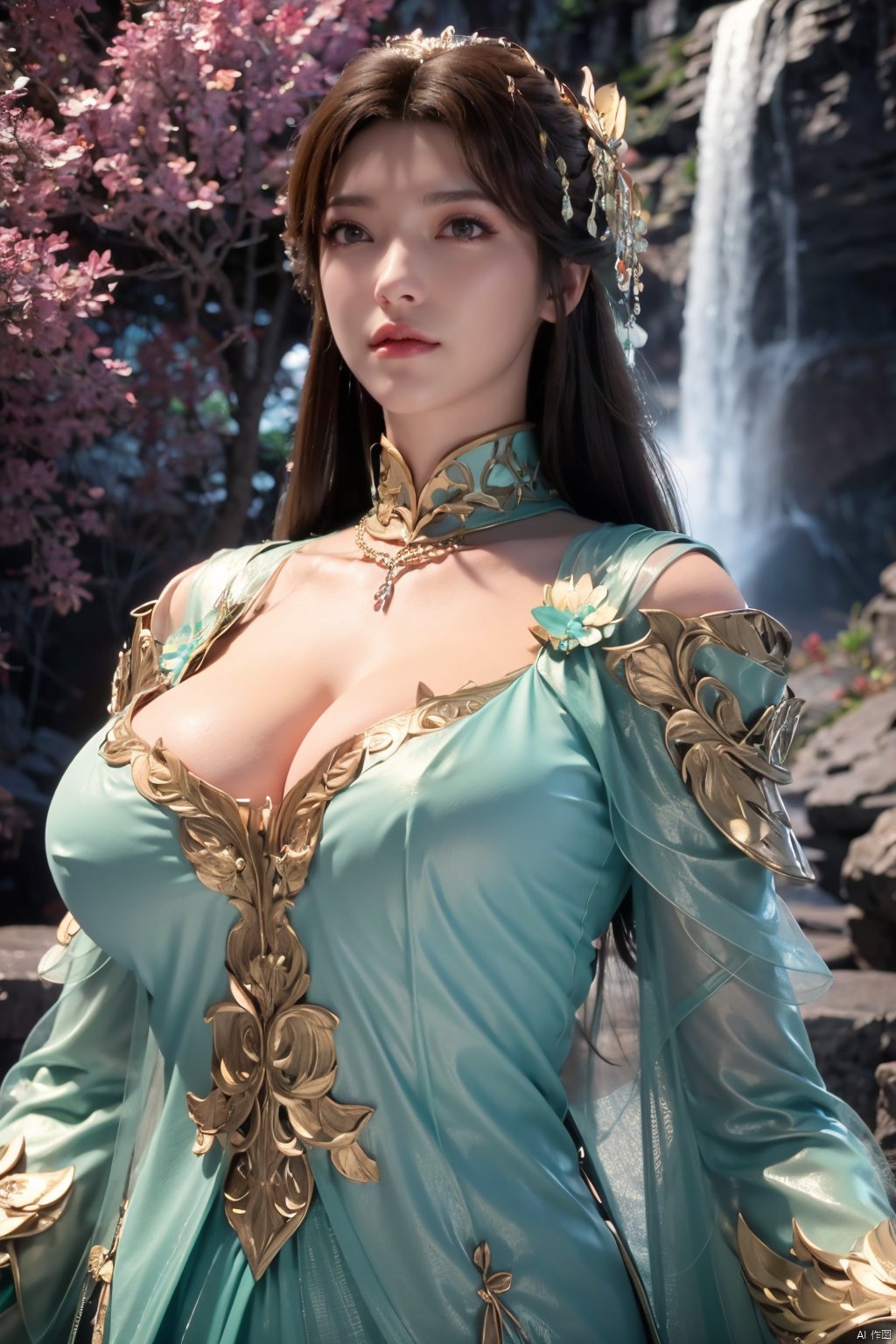 masterpiece,best quality,official art,extremely detailed CG unity 8k wallpaper,1girl, upper body, purple hair, light rays, light particles, waterfall, tree, clover,,(big breasts:1.59),  ,Xfengqinger,Xxiyouqin,Xliushen,X-Hydrangea