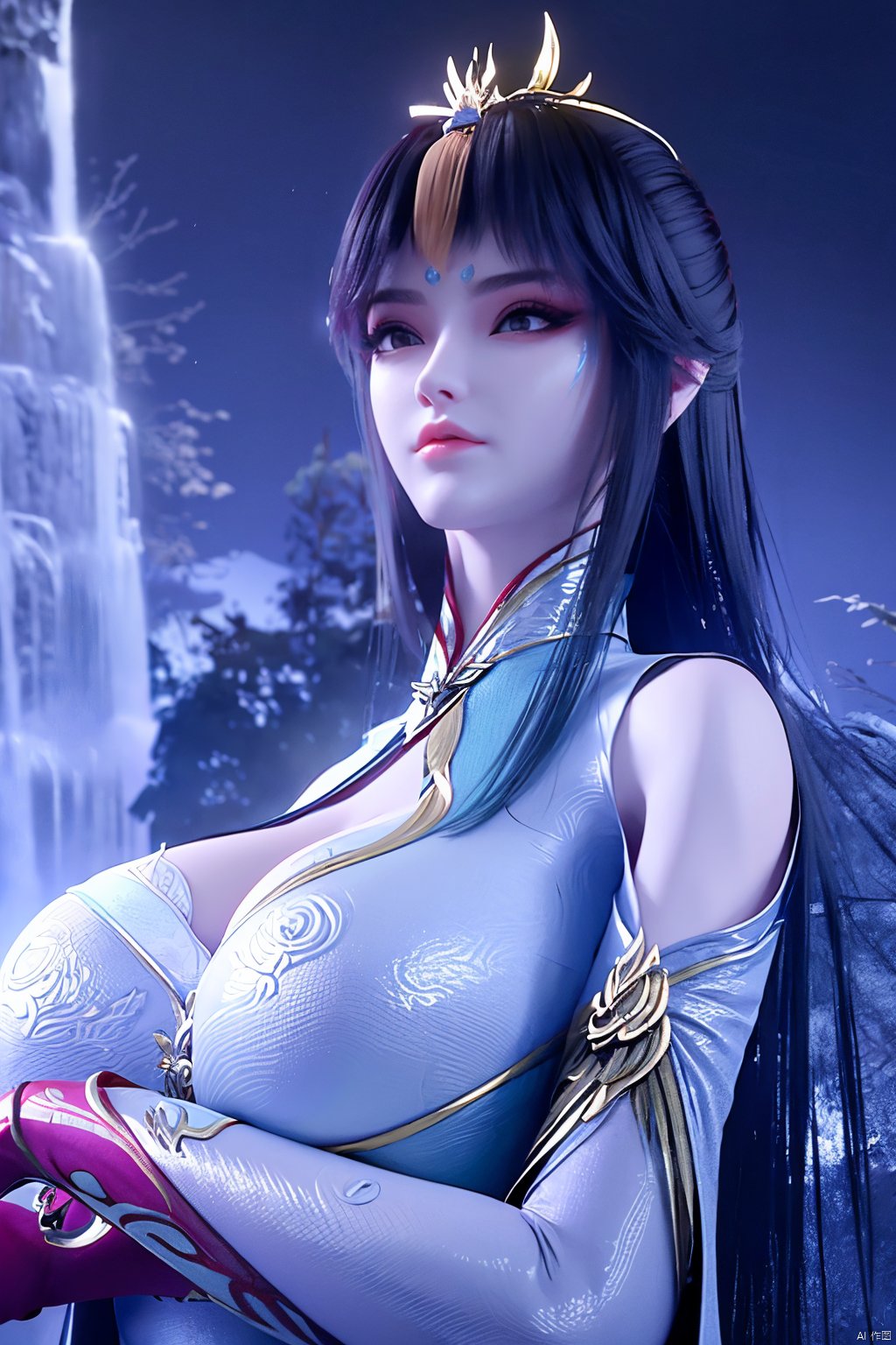 masterpiece,best quality,official art,extremely detailed CG unity 8k wallpaper,1girl, upper body, purple hair, light rays, light particles, waterfall, tree, clover,Xfengqinger,(big breasts:1.59),Xxiyouqin,ziling_xianzi,Xliushen, Yunxiao_Fairy