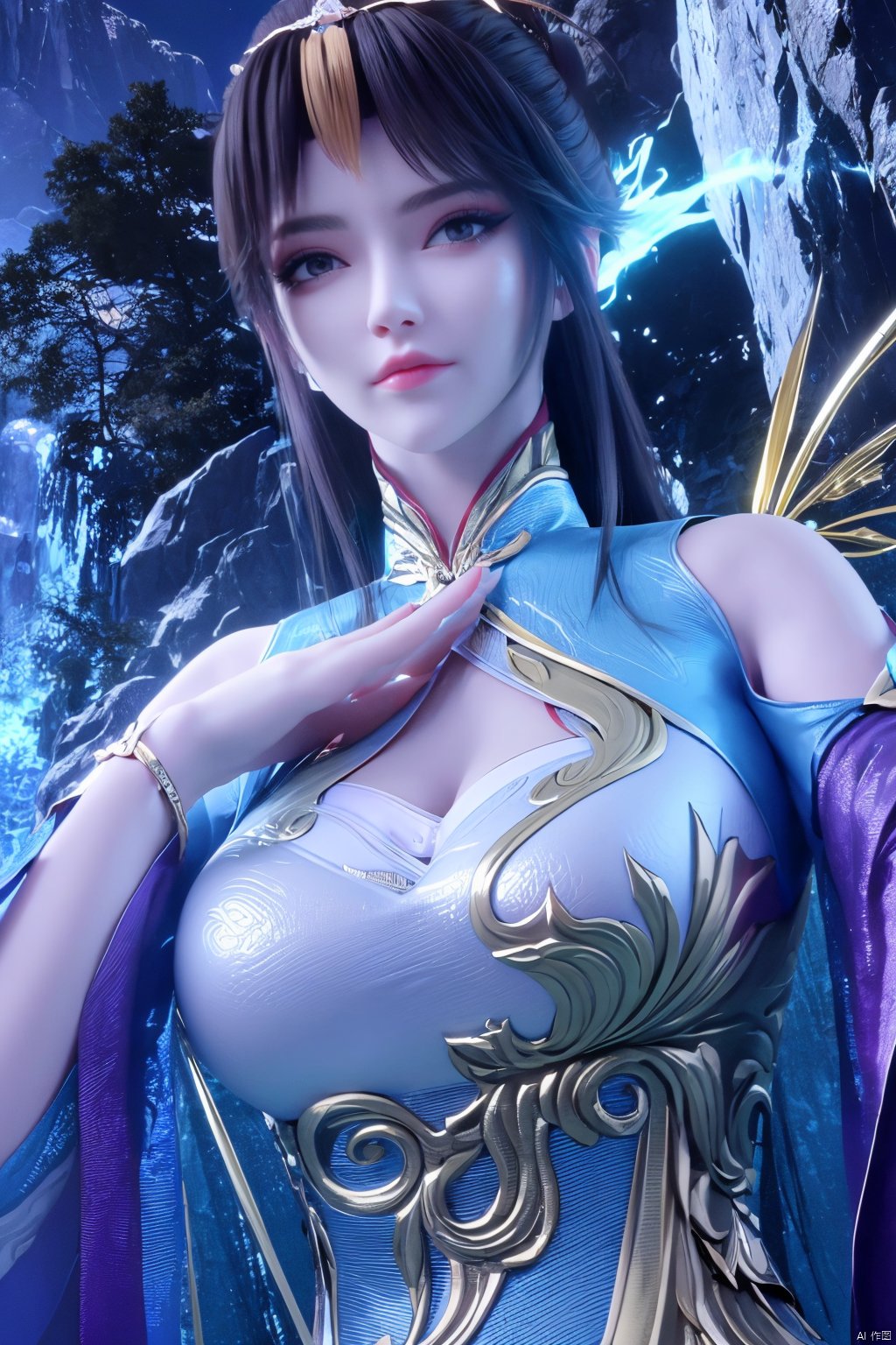 masterpiece,best quality,official art,extremely detailed CG unity 8k wallpaper,1girl, upper body, purple hair, light rays, light particles, waterfall, tree, clover,Xfengqinger,(big breasts:1.59),Xxiyouqin,ziling_xianzi,Xliushen, Yunxiao_Fairy