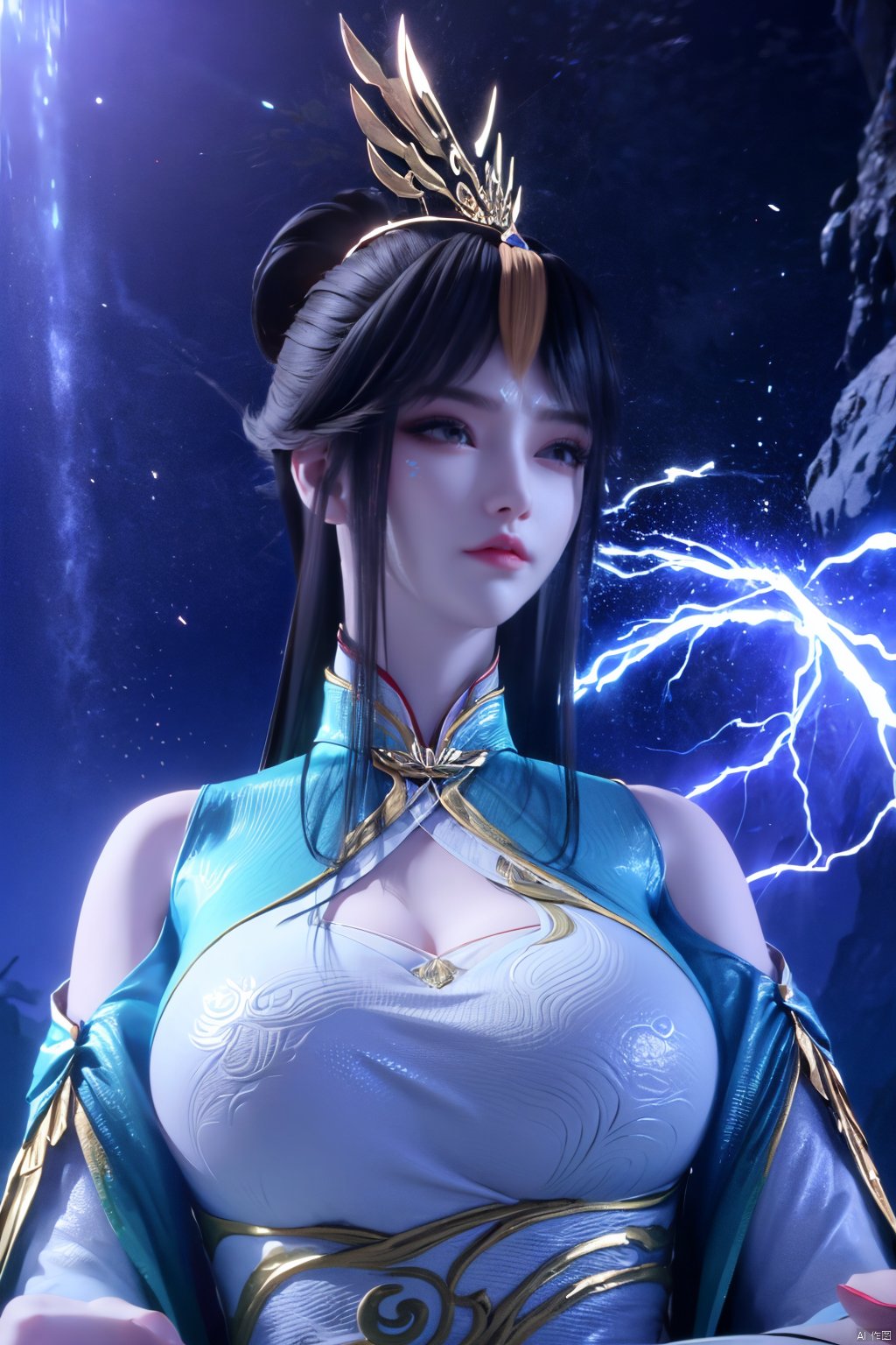 masterpiece,best quality,official art,extremely detailed CG unity 8k wallpaper,1girl, upper body, purple hair, light rays, light particles, waterfall, tree, clover,Xfengqinger,(big breasts:1.59),Xxiyouqin,ziling_xianzi,Xliushen, Yunxiao_Fairy