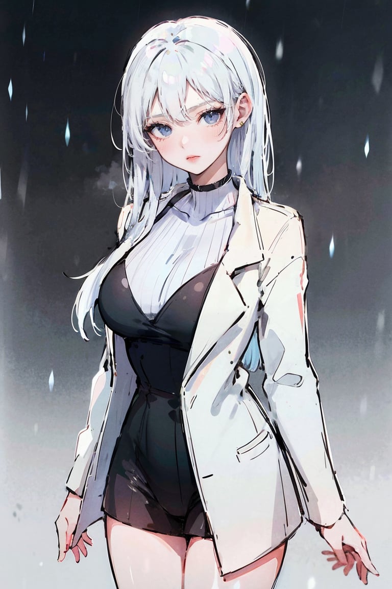 female, ((masterpiece, best quality, ultra detailed, absurdres), girl), (beauty girl), (ultra-high picture quality),rain, white hair,cowboy_shot