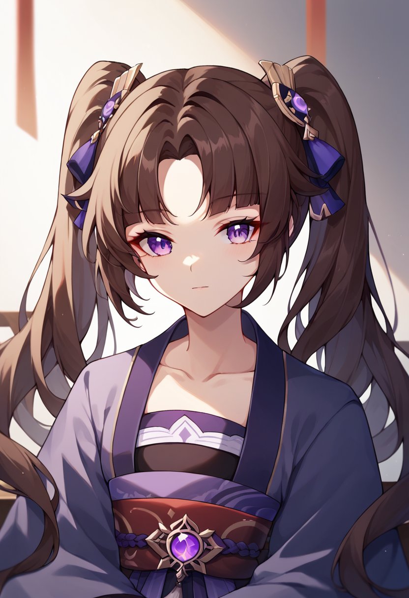 score_9, score_8_up, score_7_up, hanfu, collarbone, brown hair, upper body, sidelocks, ribbon, sitting, purple eyes, vision (genshin impact), twintails, parted bangs