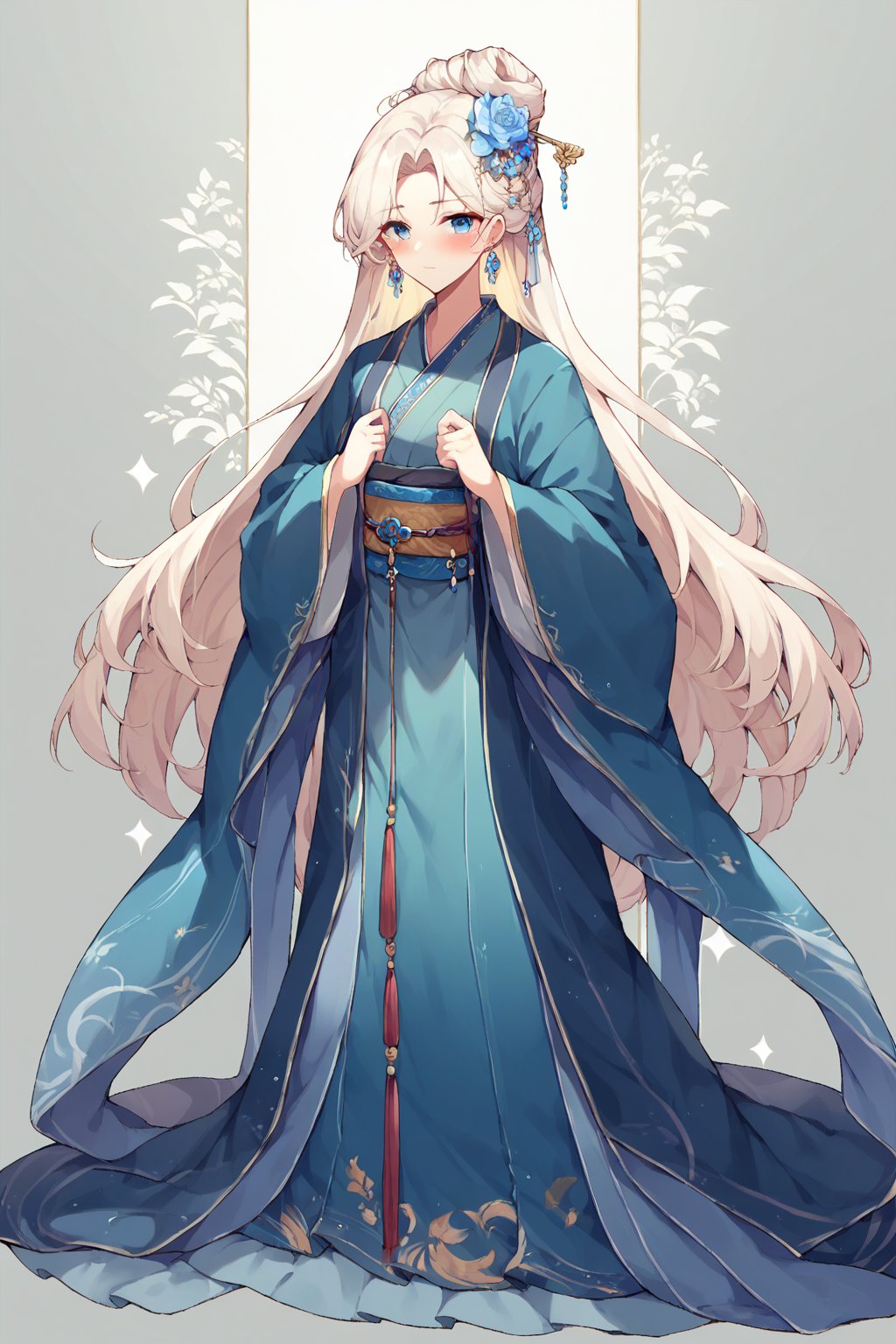 score_9, score_8_up, score_7_up, hanfu, jewelry, very long hair, blue eyes, shawl, hair flower, standing, hair bun, blush, full body, earrings