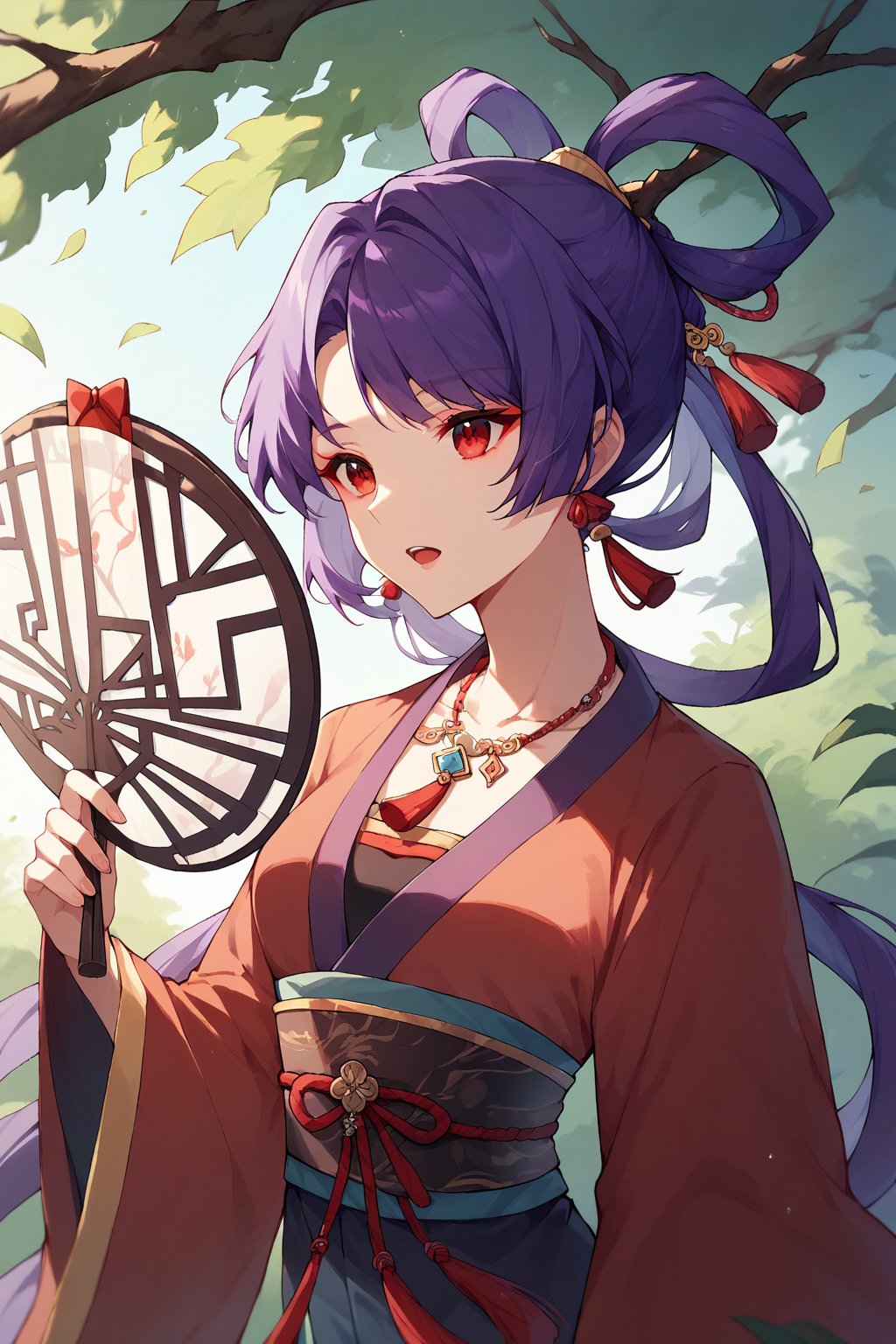 score_9, score_8_up, score_7_up, hanfu, necklace, holding fan, purple hair, open mouth, red eyes, hair rings, tassel, branch, bow, outdoors