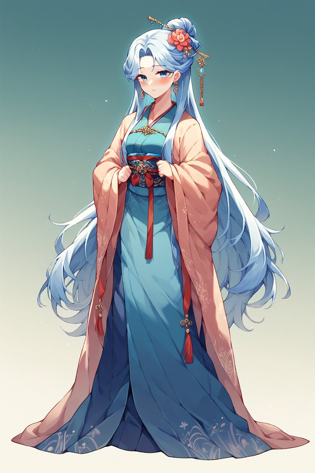 score_9, score_8_up, score_7_up, hanfu, jewelry, very long hair, blue eyes, shawl, hair flower, standing, hair bun, blush, full body, earrings