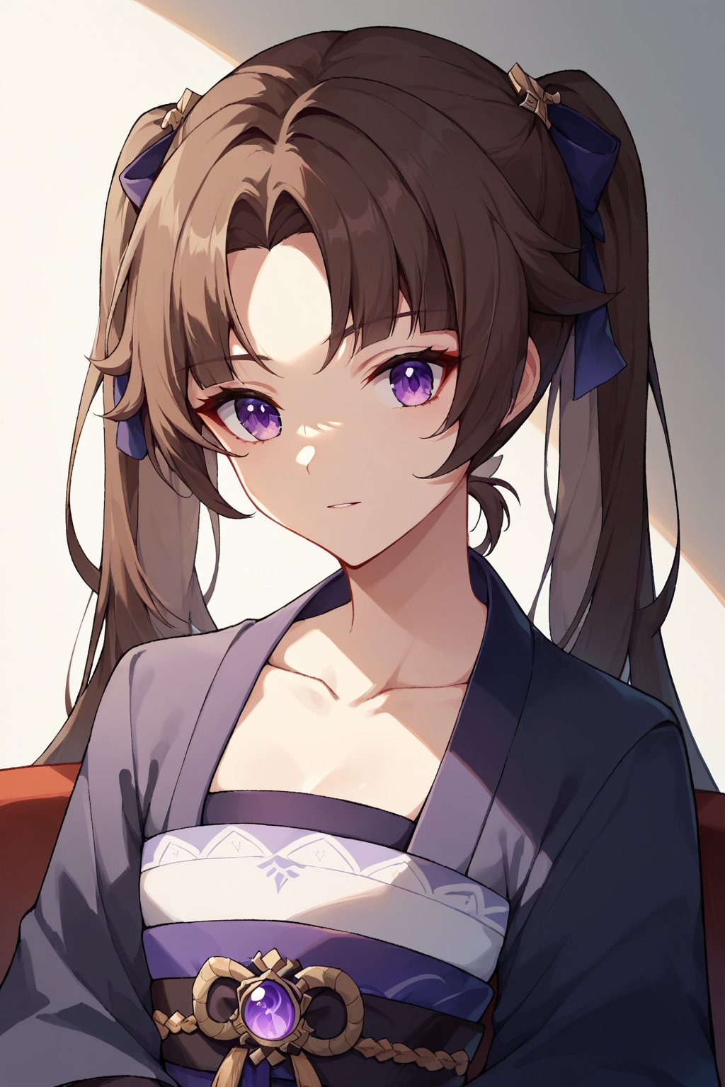 score_9, score_8_up, score_7_up, hanfu, collarbone, brown hair, upper body, sidelocks, ribbon, sitting, purple eyes, vision (genshin impact), twintails, parted bangs