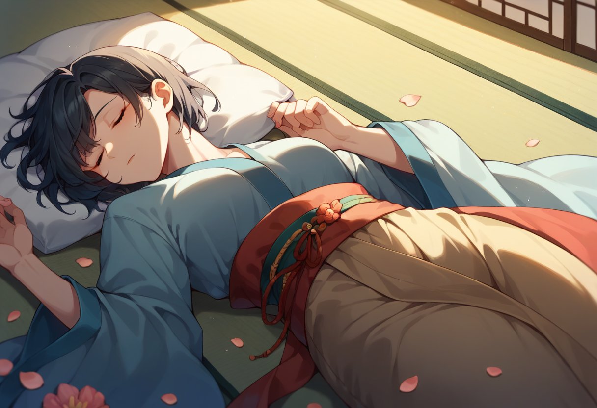 score_9, score_8_up, score_7_up, hanfu, sleeping, lying, on back, flower petals