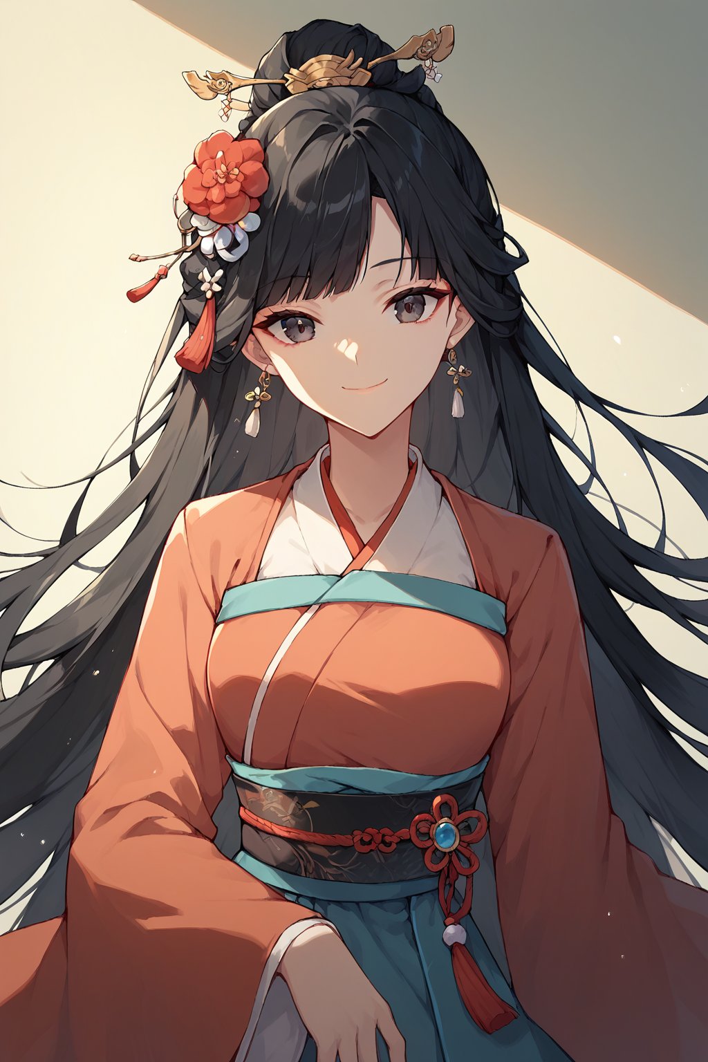 score_9, score_8_up, score_7_up, hanfu, 1girl, solo, hair ornament, long hair, looking at viewer, dress, flower, smile, black hair, closed mouth