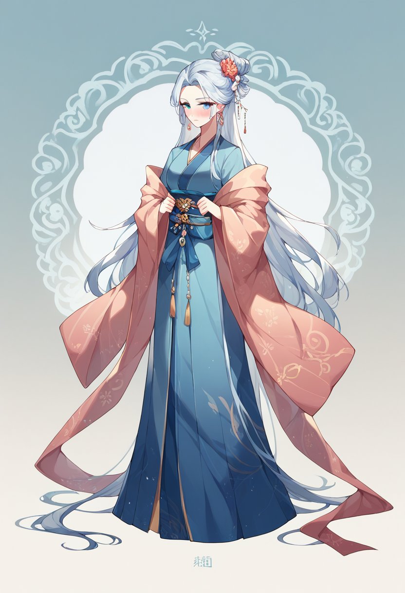 score_9, score_8_up, score_7_up, hanfu, jewelry, very long hair, blue eyes, shawl, hair flower, standing, hair bun, blush, full body, earrings