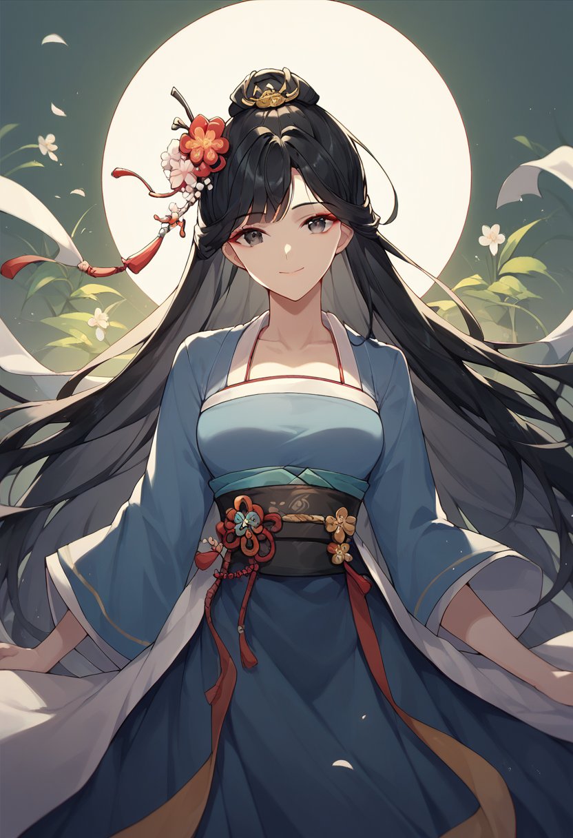 score_9, score_8_up, score_7_up, hanfu, 1girl, solo, hair ornament, long hair, looking at viewer, dress, flower, smile, black hair, closed mouth