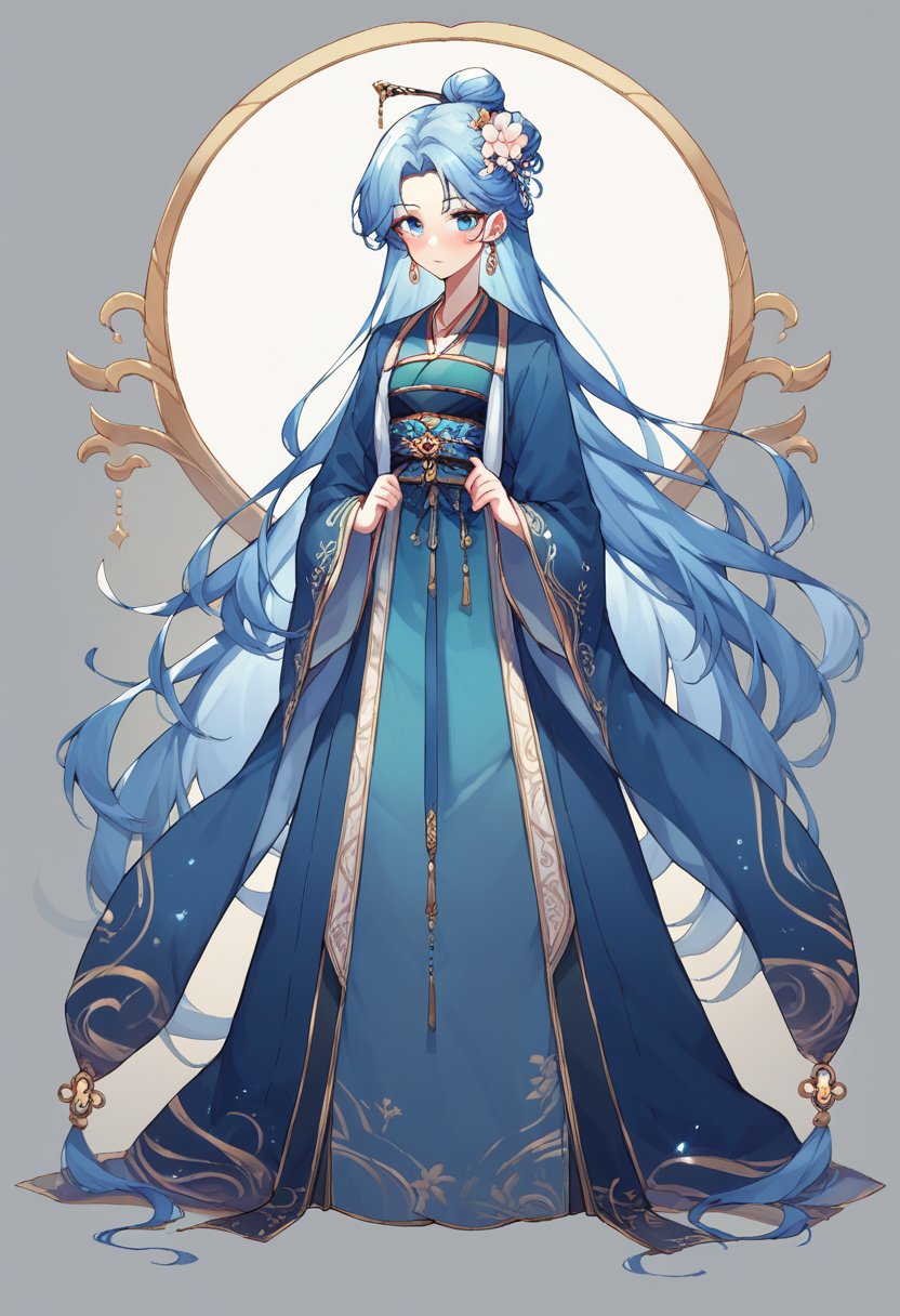 score_9, score_8_up, score_7_up, hanfu, jewelry, very long hair, blue eyes, shawl, hair flower, standing, hair bun, blush, full body, earrings