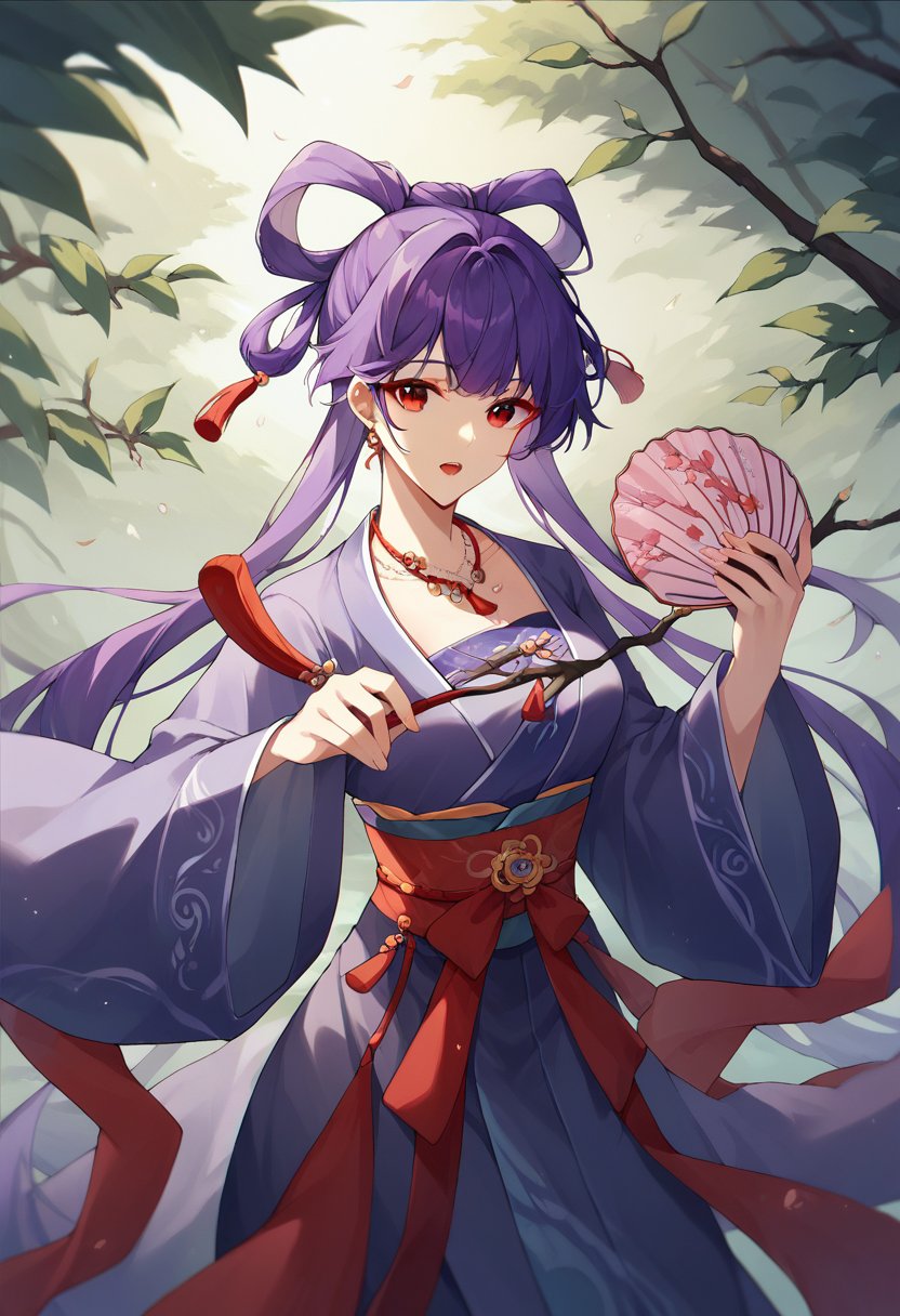 score_9, score_8_up, score_7_up, hanfu, necklace, holding fan, purple hair, open mouth, red eyes, hair rings, tassel, branch, bow, outdoors