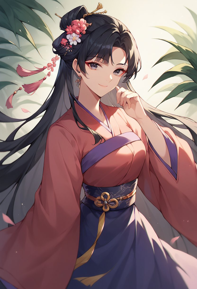 score_9, score_8_up, score_7_up, hanfu, 1girl, solo, hair ornament, long hair, looking at viewer, dress, flower, smile, black hair, closed mouth,Pink Hanfu,Black Hanfu,Purple Hanfu