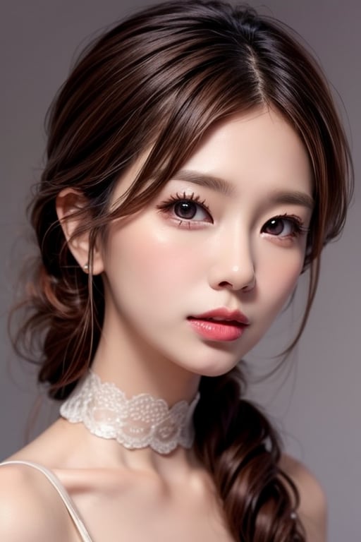 1girl
solo
brown hair
closed mouth
grey background
collar
lips
realistic ,beauty,yui,masterpiece,best quality,1 girl,yuna ,xee,magl