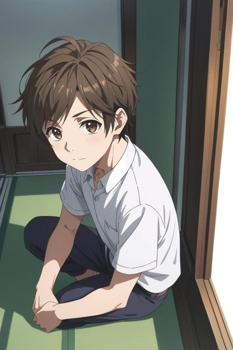 score_9, score_8_up, score_7_up, source_anime, rating_safe, , semi-realistic, looking at viewer, , 1boy, solo, male focus, <lora:souta_mochizuki_pony:0.74>, souta_mochizuki, brown hair, brown eyes, short hair, from above, full body, fantasy land, indoors, light, squatting, heart eyes, ,, <lora:sdxl_lightning_8step_lora:1>