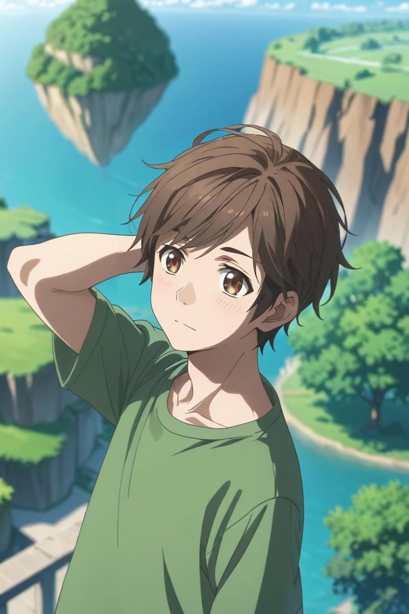 score_9, score_8_up, score_7_up, , rating_safe, , semi-realistic, , depth of field, 1boy, solo, male focus, <lora:souta_mochizuki_pony:0.8>, souta_mochizuki, brown hair, brown eyes, short hair, from above, full body, floating island, day, sunny, arms behind head, relaxed, , <lora:sdxl_lightning_8step_lora:1>