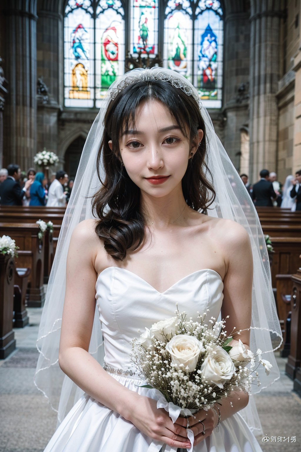 1girl, wedding scene, beautiful, black hair, long hair, (bride:1.2), white wedding dress, veil, holding bouquet, (smile:1.1), sparkling eyes, surrounded by guests, church interior, stained glass windows, flower decorations, candlelight, warm atmosphere, detailed background, depth of field, realistic, ambient light, (cinematic composition:1.3), high definition, best quality, masterpiece.