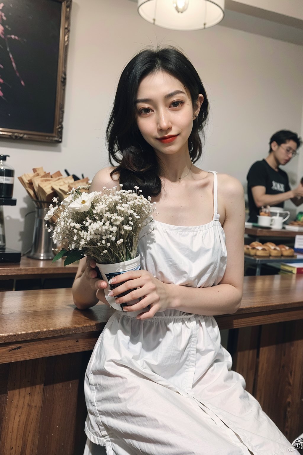 1girl, beautiful, black hair, long hair, smiling, coffee shop, sitting, (20yo:1.3), detailed eyes, light blush, white dress, (flowers in hair:1.1), looking at viewer, counter, espresso machine, cups, pastries, warm lighting, cosy atmosphere, beautifully detailed background, realistic, ambient light, (cinematic composition:1.3), HDR, Accent Lighting, wide-angle lens, best quality, masterpiece.