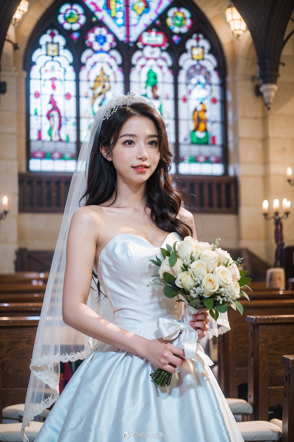 1girl, wedding scene, beautiful, black hair, long hair, (bride:1.2), white wedding dress, veil, holding bouquet, (smile:1.1), sparkling eyes, surrounded by guests, church interior, stained glass windows, flower decorations, candlelight, warm atmosphere, detailed background, depth of field, realistic, ambient light, (cinematic composition:1.3), high definition, best quality, masterpiece.