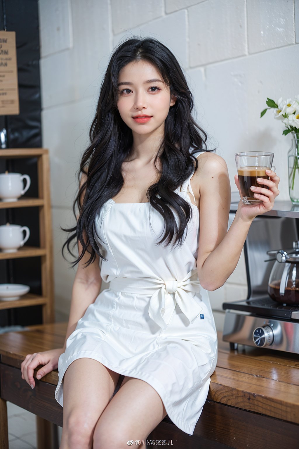 1girl, beautiful, black hair, long hair, smiling, coffee shop, sitting, (20yo:1.3), detailed eyes, light blush, white dress, (flowers in hair:1.1), looking at viewer, counter, espresso machine, cups, pastries, warm lighting, cosy atmosphere, beautifully detailed background, realistic, ambient light, (cinematic composition:1.3), HDR, Accent Lighting, wide-angle lens, best quality, masterpiece.