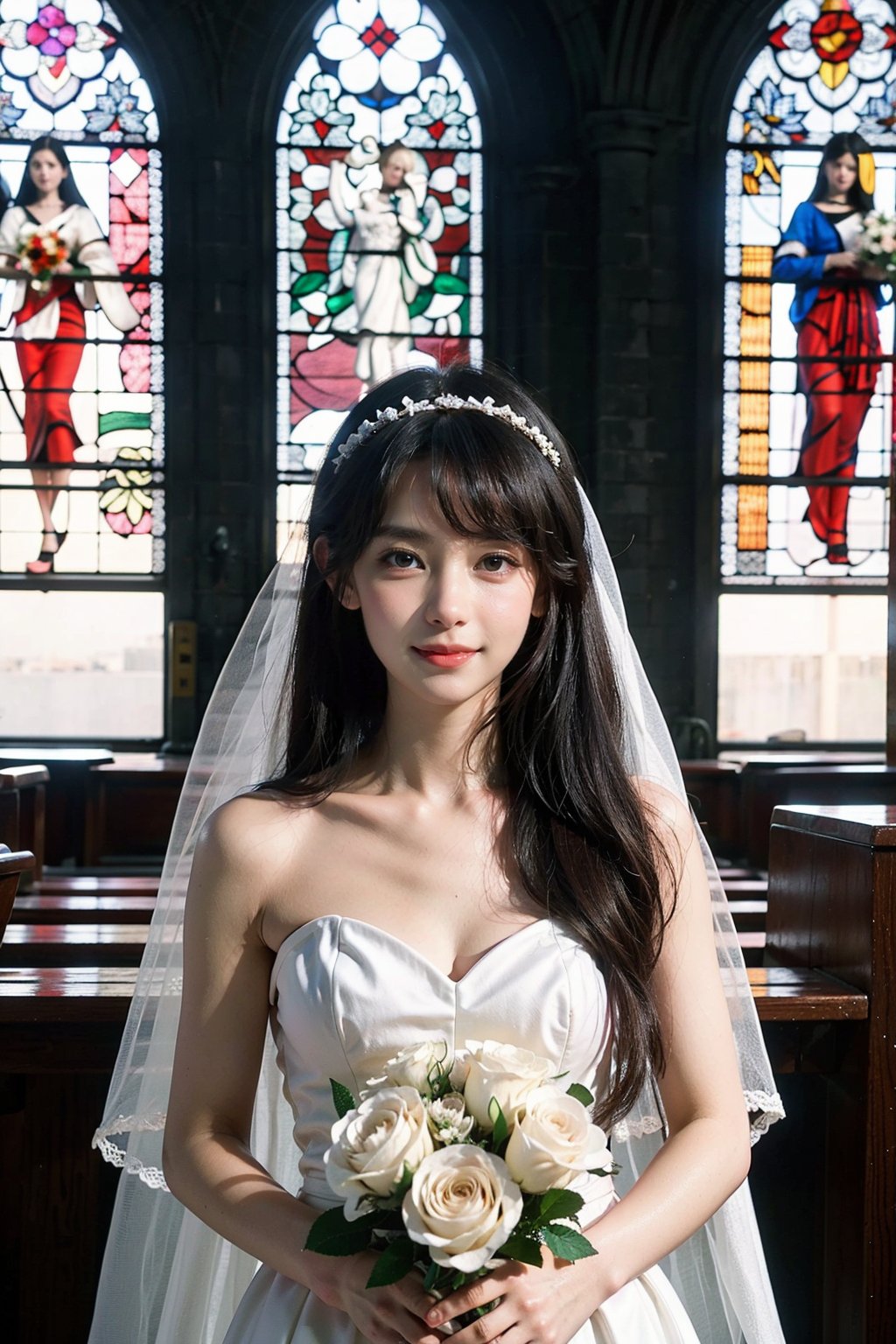 1girl, wedding scene, beautiful, black hair, long hair, (bride:1.2), white wedding dress, veil, holding bouquet, (smile:1.1), sparkling eyes, surrounded by guests, church interior, stained glass windows, flower decorations, candlelight, warm atmosphere, detailed background, depth of field, realistic, ambient light, (cinematic composition:1.3), high definition, best quality, masterpiece.