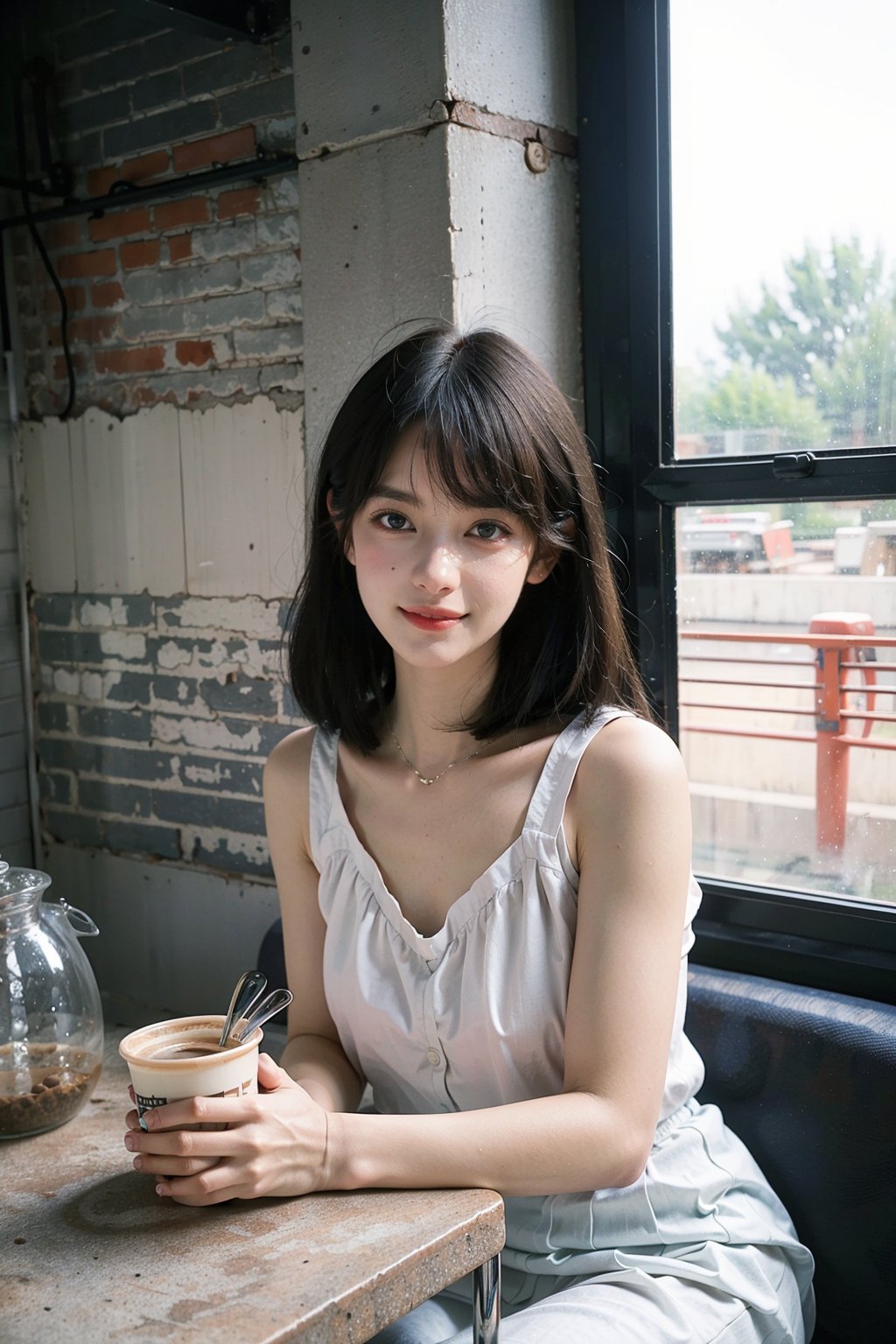 1girl, beautiful, black hair, long hair, smiling, coffee shop, sitting, (20yo:1.3), detailed eyes, light blush, white dress, (flowers in hair:1.1), looking at viewer, counter, espresso machine, cups, pastries, warm lighting, cosy atmosphere, beautifully detailed background, realistic, ambient light, (cinematic composition:1.3), HDR, Accent Lighting, wide-angle lens, best quality, masterpiece.