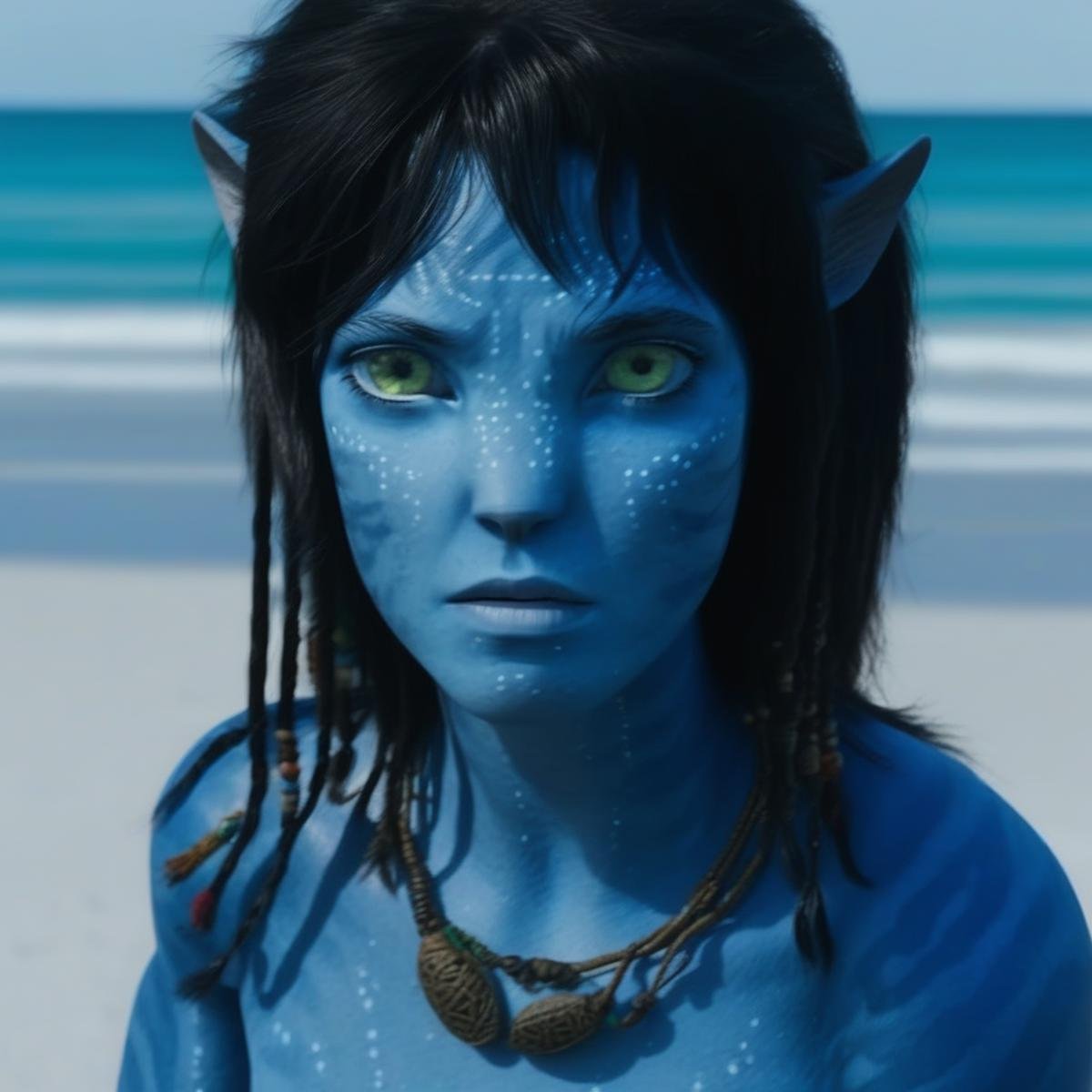 Kiri, na’vi, blue skin, freckles, black hair, tribal jewelry, female, on the beach, serious face, realistic_eyes, skin details, extreme details, HDR, 4k quality, perfect, movie scene, movie still