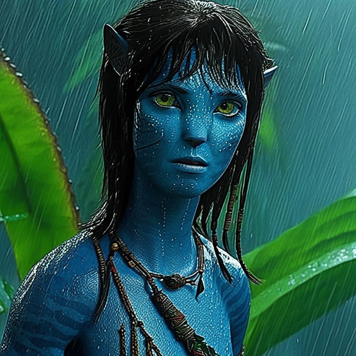 Kiri, na’vi, blue skin, freckles, black hair, tribal jewelry, female, in the rainy jungle, wet, serious face, upper body, tail, realistic_eyes, skin details, extreme details, HDR, HD resolution, movie scene, movie still